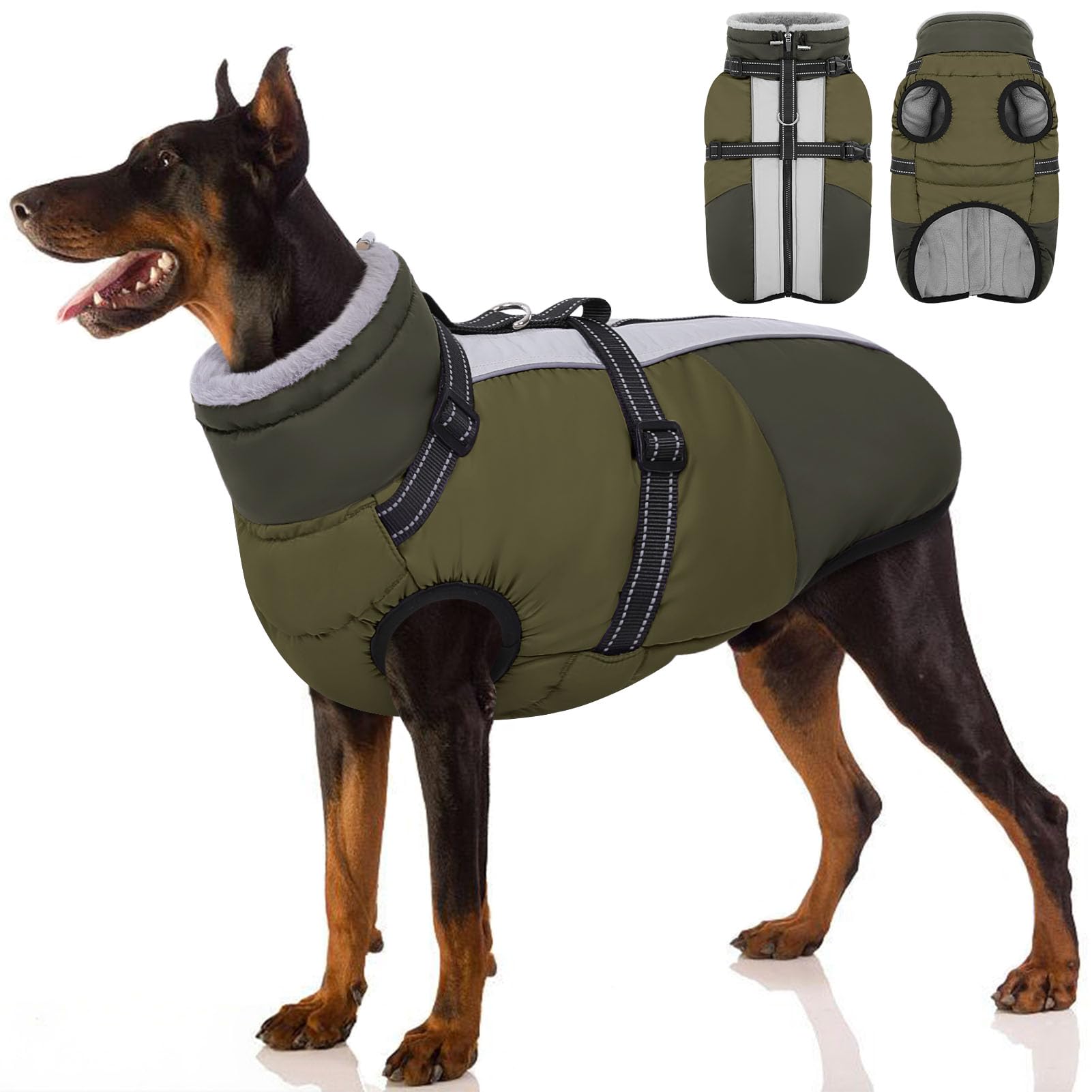 AOFITEE Hundemantel Winter Hundejacke für Große Hunde Wasserdicht, Grün XL | Reflektierend Hunde Wintermantel mit Geschirr Reißverschluss, Warm Schneeanzug Hund Winter Mantel für Labrador, Border Collie