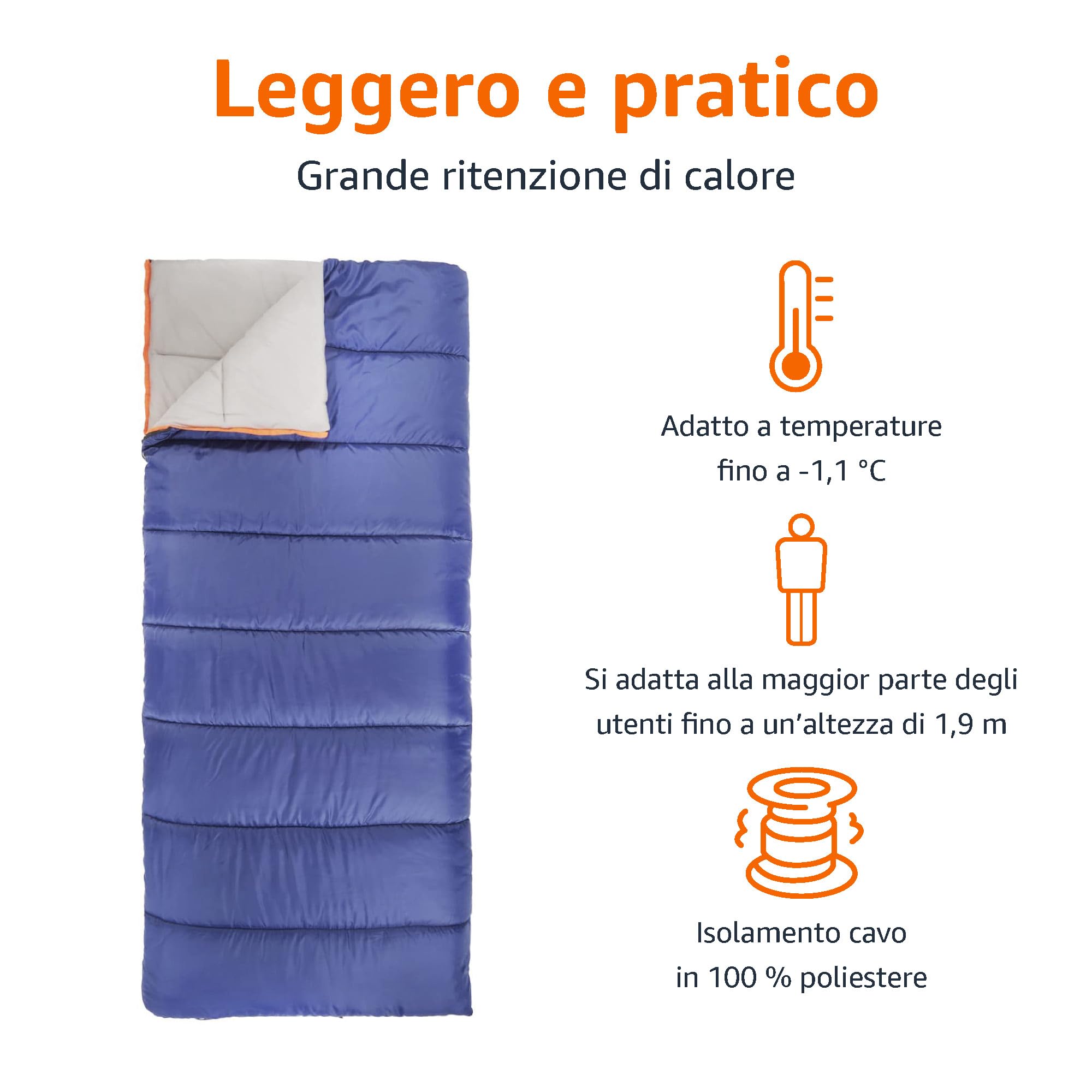 Amazon Basics Sacco a Pelo Leggero, 4 Stagioni, per Clima Freddo e Caldo, Campeggio ed Escursionismo, 190 x 83 cm, Blu