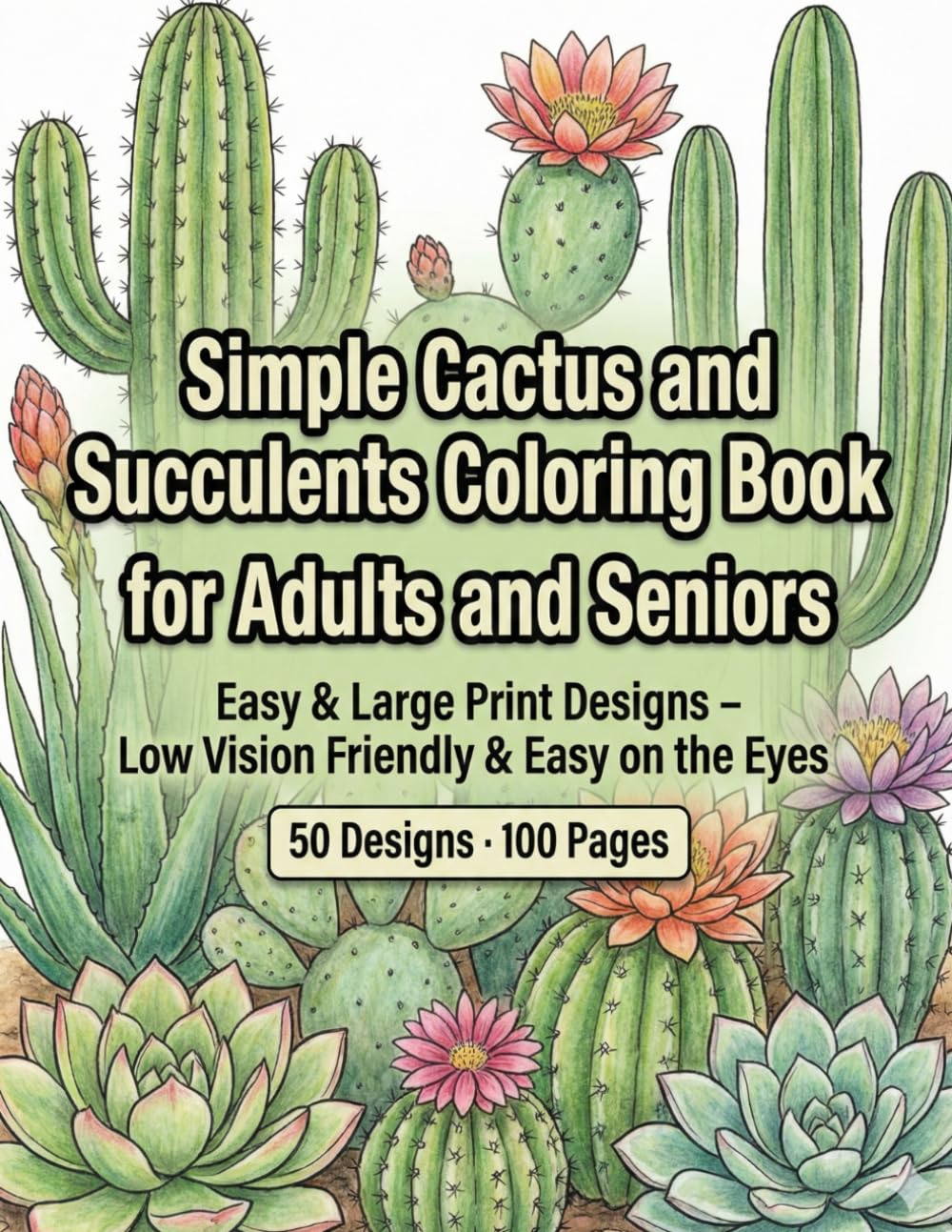 Simple Cactus and Succulents Coloring Book for Adults and Seniors: Easy & Large Print Designs – Low Vision Friendly & Easy on the Eyes (Easy & Large Print Coloring for Seniors)