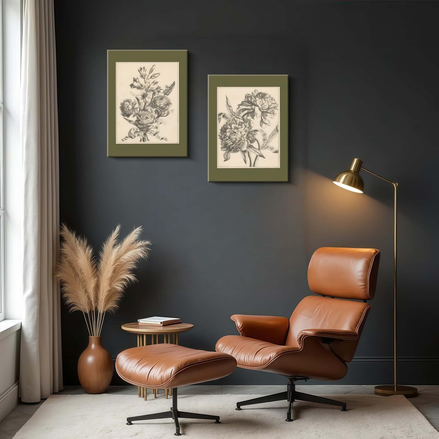 WALUPLL Vintage Peony Flowers Wall Art Olive Green Peony Floral Wall Art Vintage Prints Wall Art Flower Sketch Prints Antique Floral Drawing Painting for Bedroom Living Room 16x24 Inch Ready to Hang