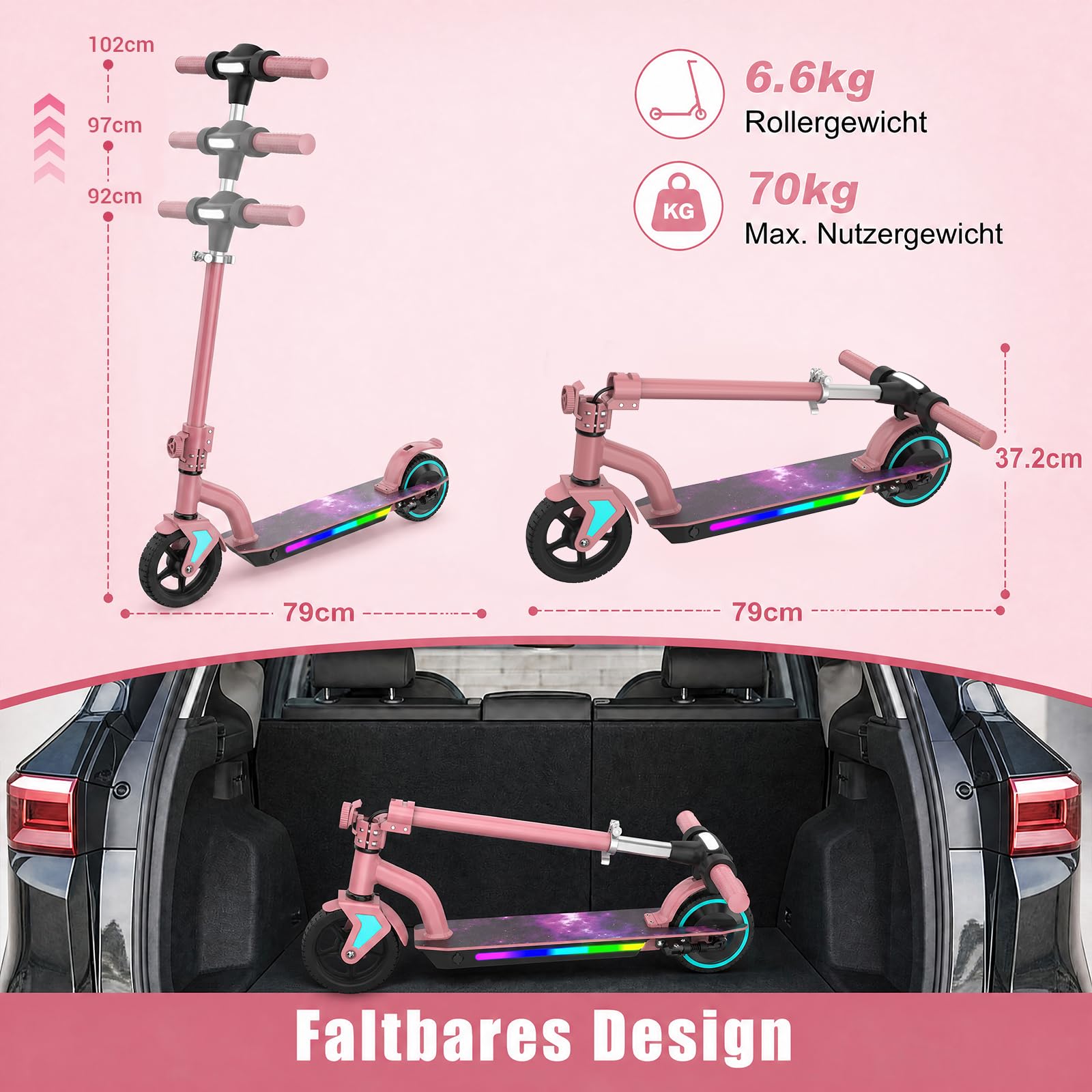 Trottinette électrique pour Enfants âgés de 6 à 16 Ans | 6/10/16 km/h, autonomie max. 16 km, lumières colorées, affichage LED, hauteur réglable, pliable, pour garçons et filles