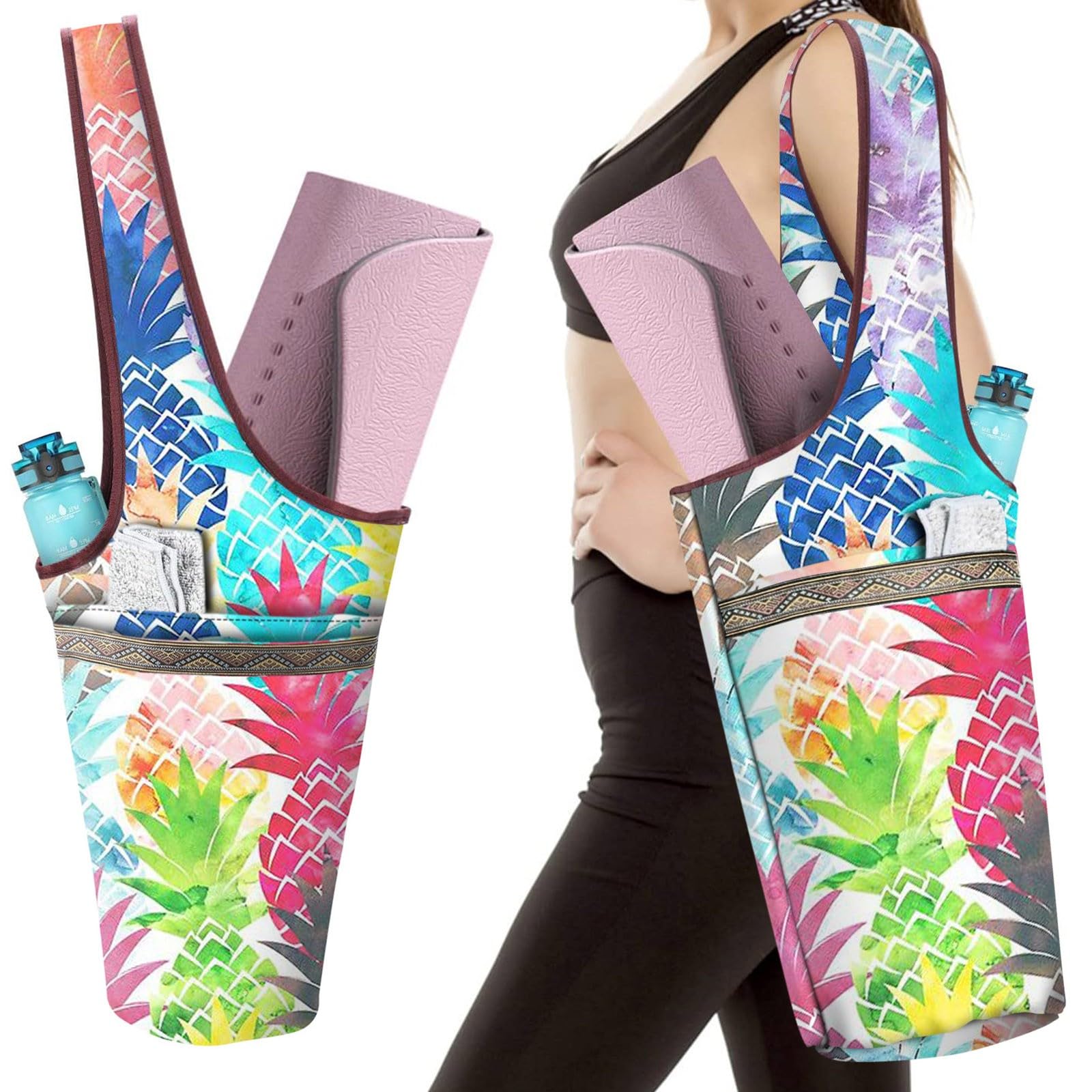 Sac Bandoulière Pour Tapis De Yoga - Imprimé Coloré, Contient Tapis + Accessoires, Taille Universelle, Tissu Polyester