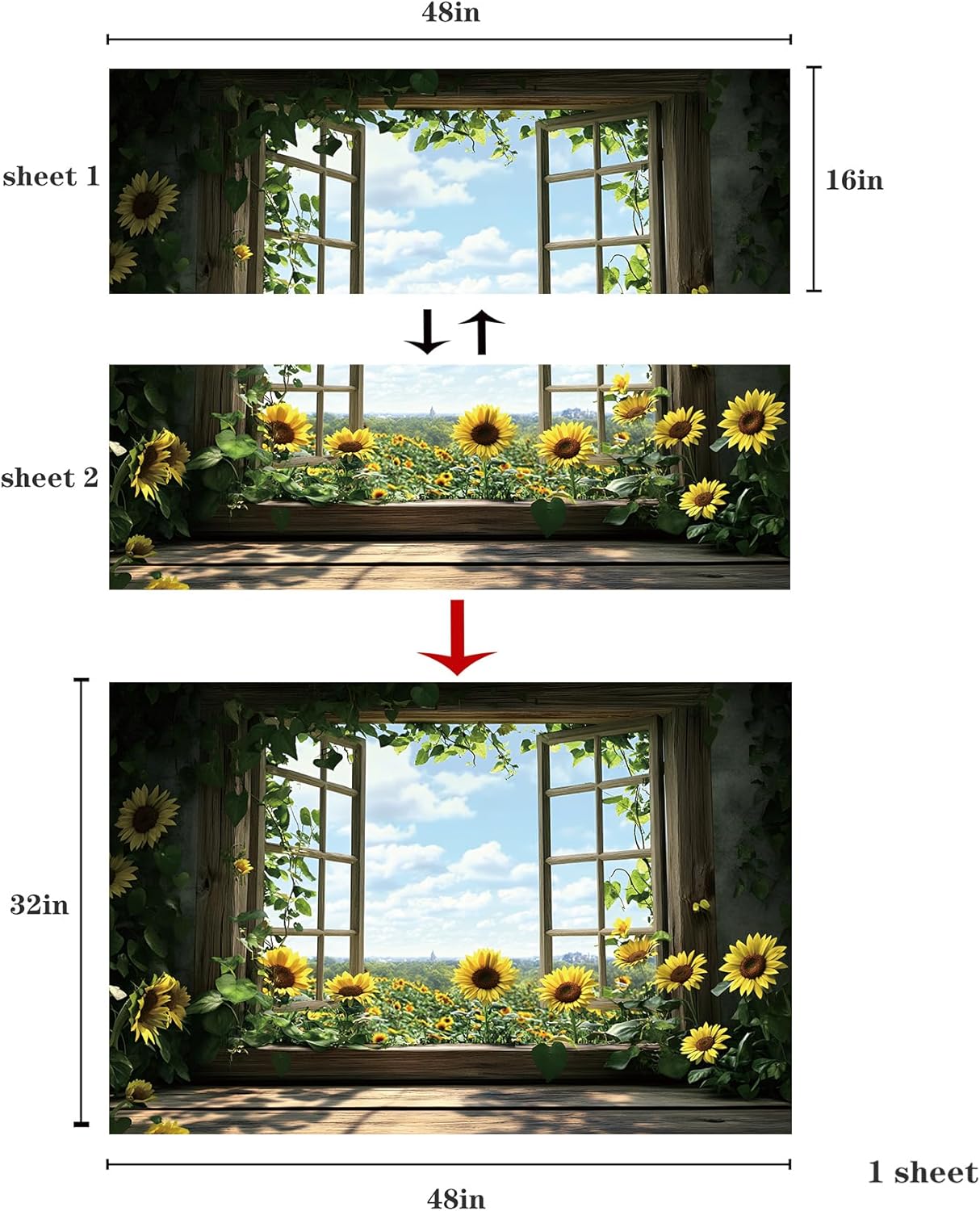 WOOHOOROO Peel and Stick Fake Window Sunflower Garden Greenery Blue Sky Poster Picture Wall Sticker Decor Self-Adhesive Removable Mural,32" x 48"