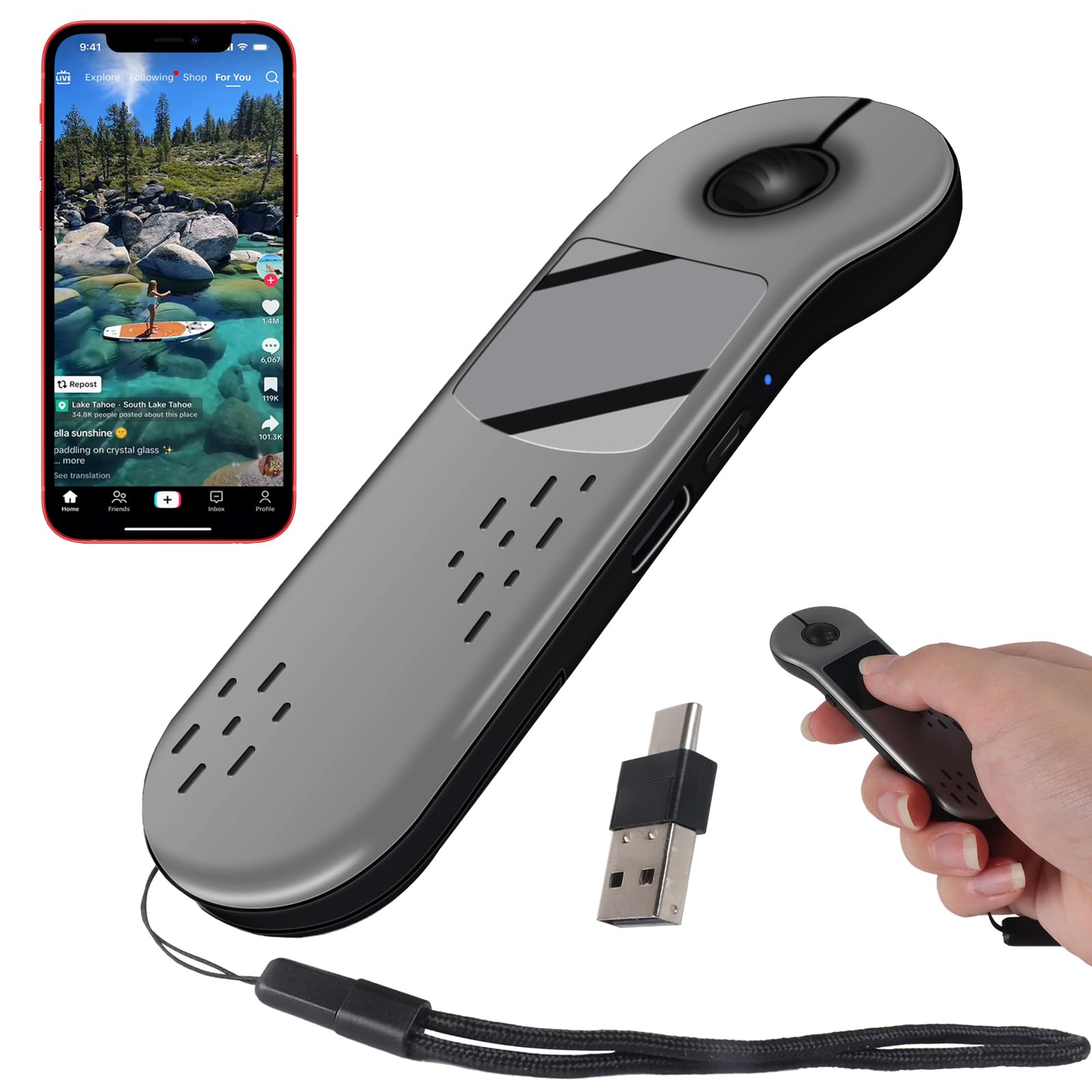 Fingerspitzen Scrolling Mini Bluetooth-Maus,BT5.3+2.4G+USB-C,Drei-Modus+Touchpad,4in1Tragbare Page Turner Handheld Air Mouse Presenter Fernbedienung,Kabellose Finger Scroller für TikTok pad phone,Grau