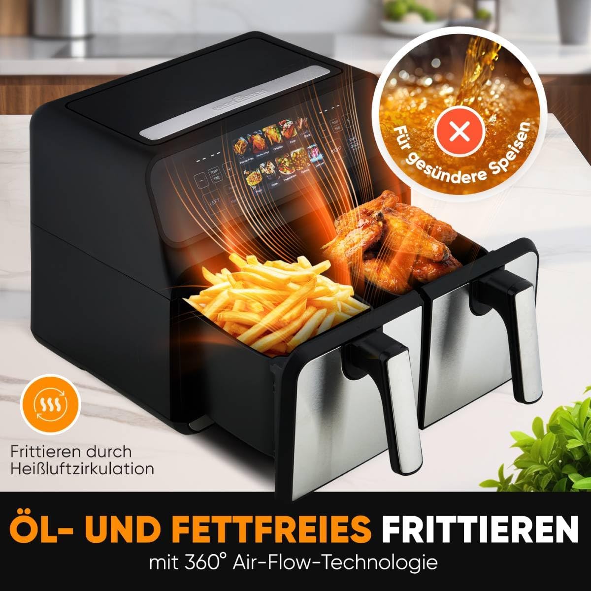 ProfiCook Heißluftfritteuse 2 Kammern | 8L Heißluft Fritteuse Doppelkammer | kein Öl oder Fett | Air Fryer m. Color-Display | Doppel Heißluft-Fritteuse 2200 Watt | Airfryer XXL | PC-FR 1287 H