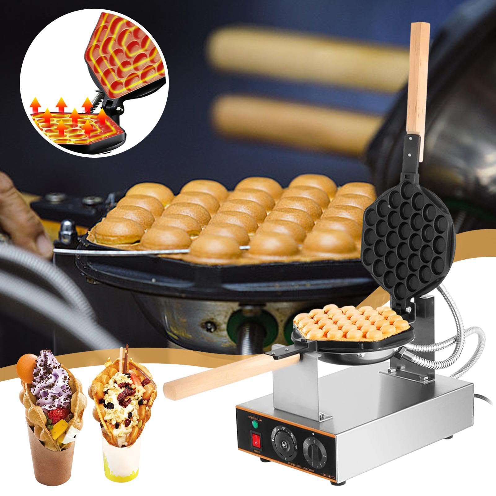 Gofrera de Burbujas con Soltero/Doble Cabezal Bubble Waffle Comercial Antiadherente Máquina de Gofre Estilo de Hong Kong 50-250℃,Sarten Gofres Girario 180 Grado (Size:Cabeza única)