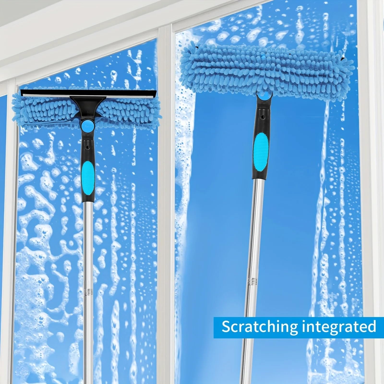 Glasreinigungsbürste Mit Ausziehbarem Griff, Multifunktionaler Fensterreiniger Mit Wiederverwendbarem Tuchabzieher, Praktische Haushaltsreinigung(Blue)