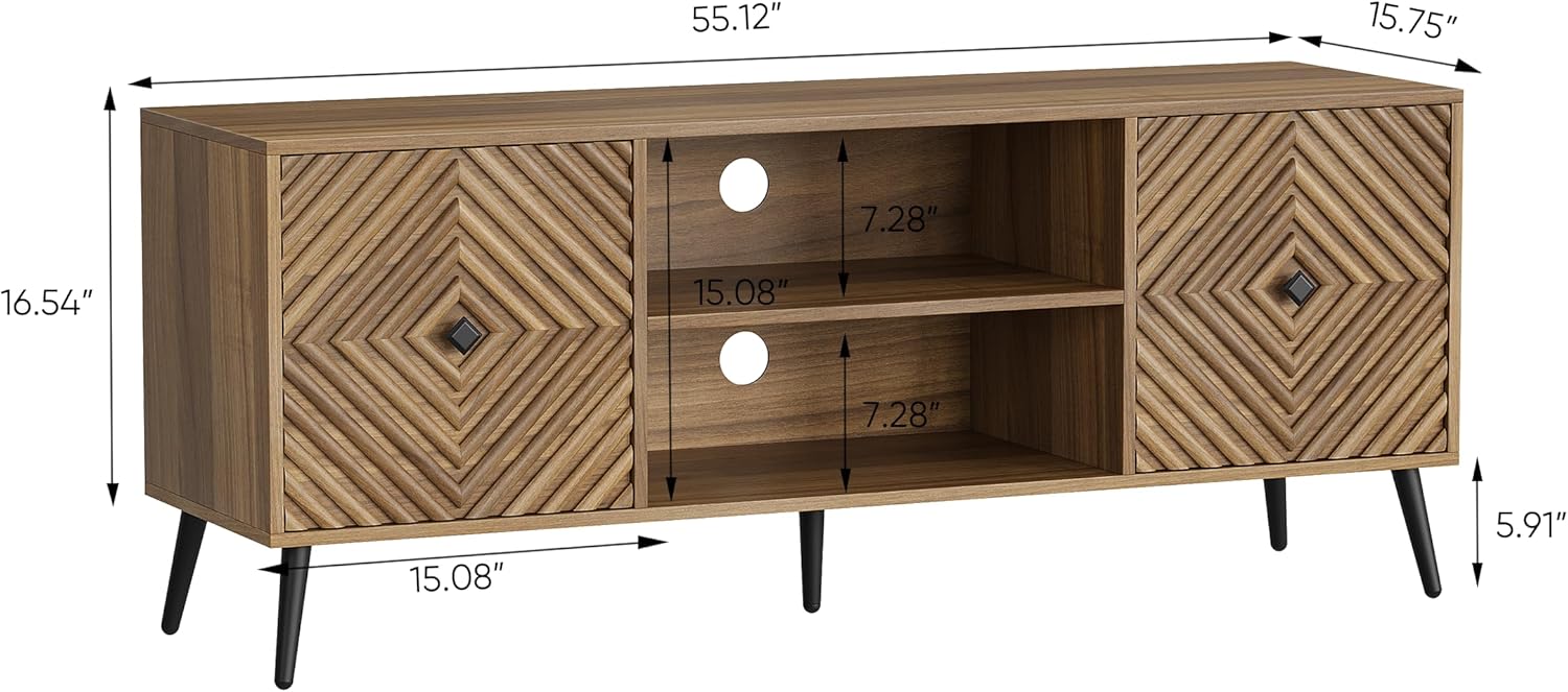 Smuxee Walnut TV Stand with Fluted Diamond Doors, 55.12" Mid Century Modern TV Media Console for TVs up to 65", TV Cabinet with Adjustable Shelf & 2 Cabinets for Living Room