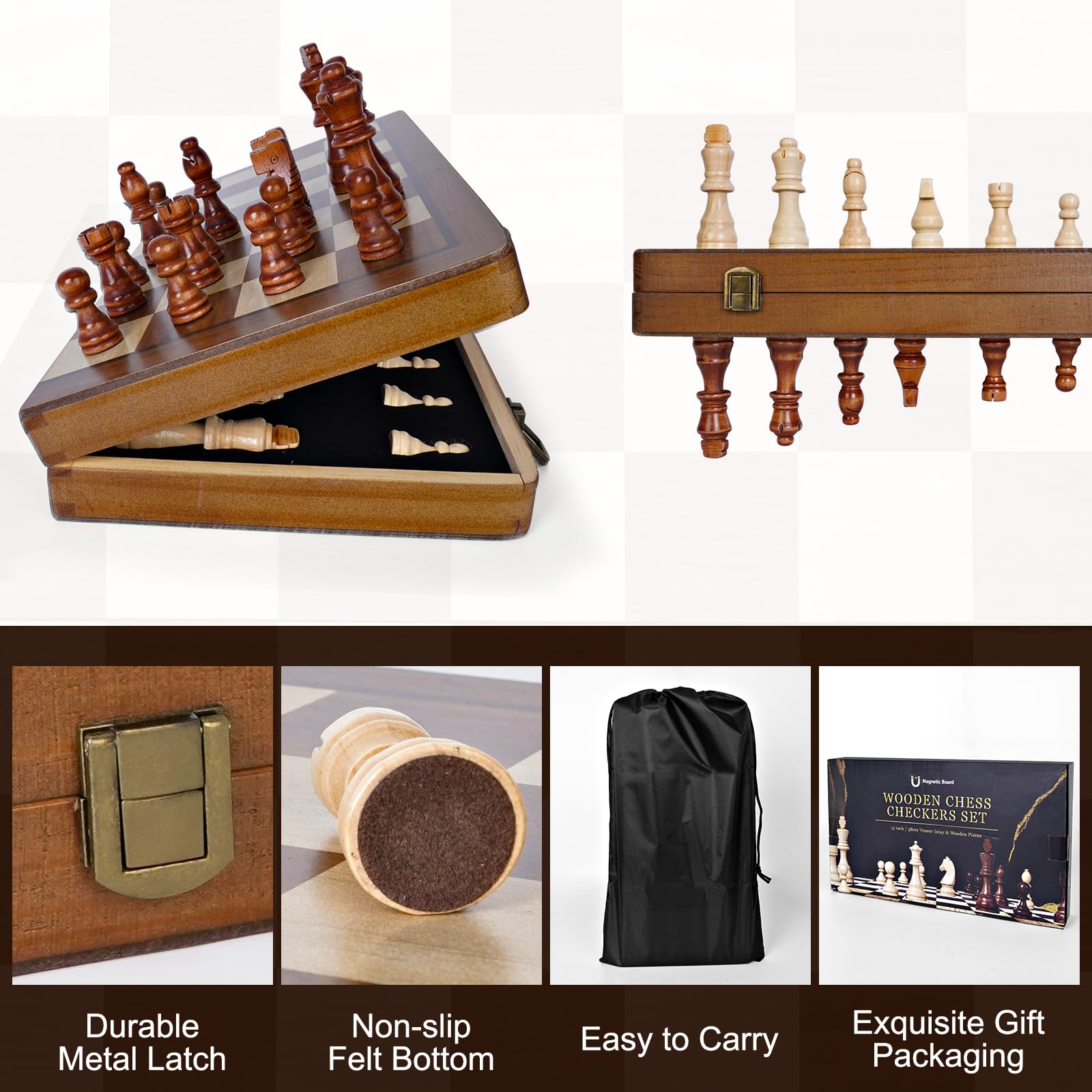 Jeu D'échecs, 2 en 1 Echiquier Magnetique, Jeu Echec en Bois 39 x 39 cm, Pliable Portable Ensemble D'échiquier avec Sac de Rangement, Idéal pour Enfants et Adultes Lors de Fêtes et Voyages