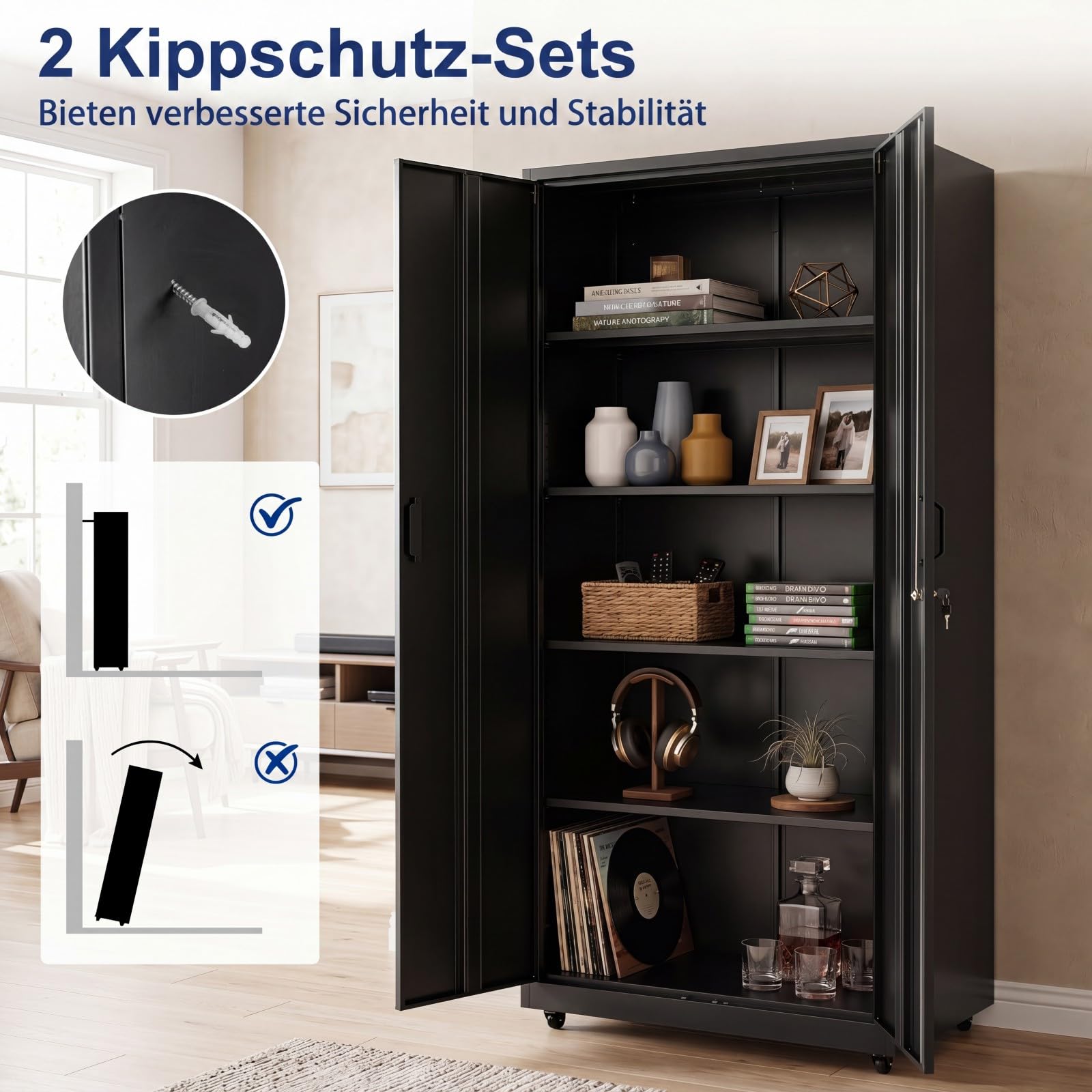 COSTWAY 5 Ebenen Aktenschrank abschließbar mit Doppeltür & Rollen (Schwarz)