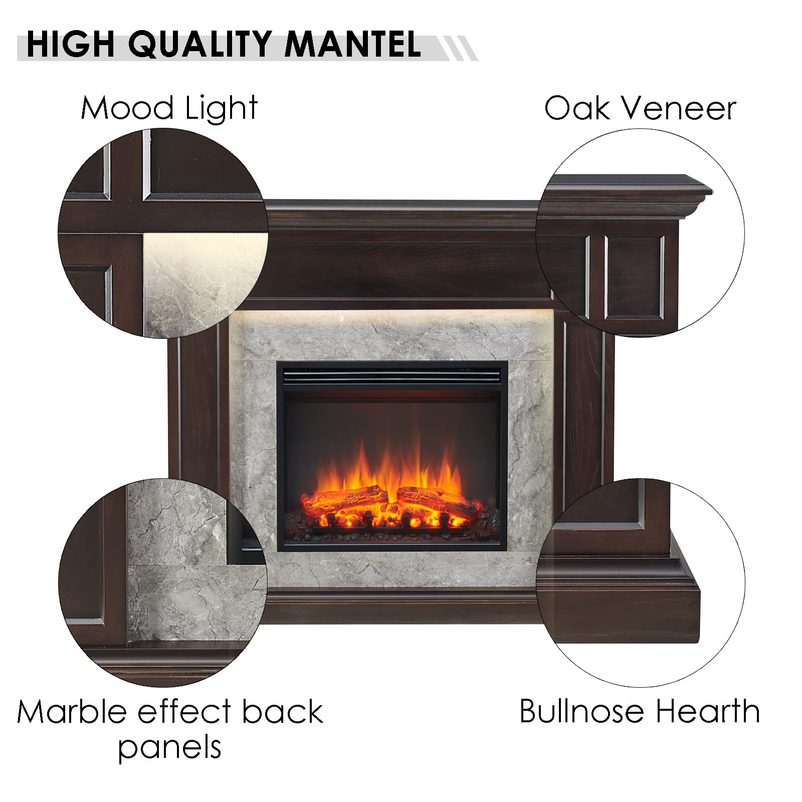 Amazon.com: LegendFlame Fireplace Suite Sheraton, 48 Inch Mantel Surround,  Espresso Oak with Light Grey Marble Finish, with 23 Inch Electric Fireplace  Insert, 750W/1500W, Weekly Timer, Mood Light, Remote Control : Home u0026