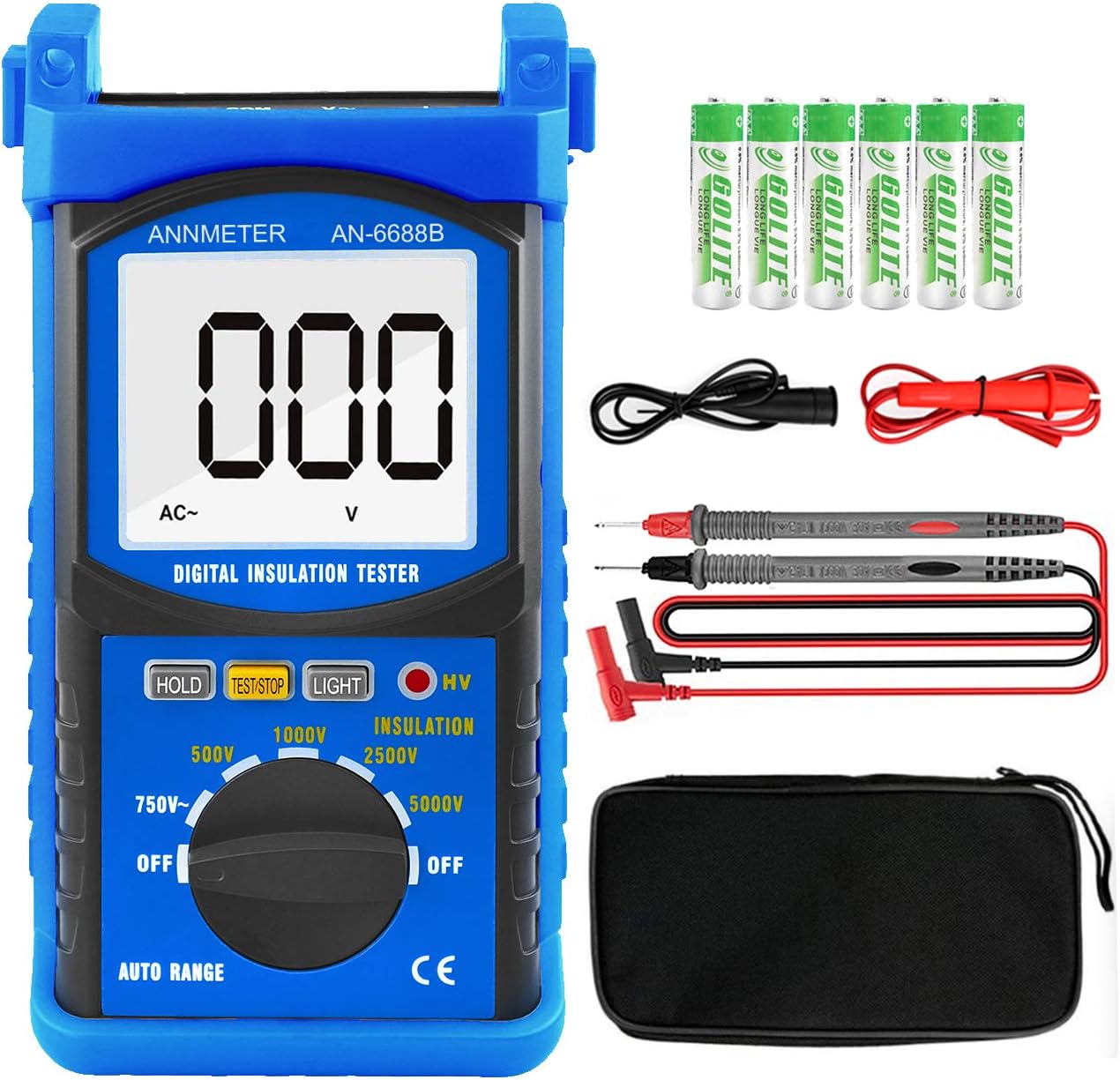 AIOMEST Digital Insulation Resistance r - Voltage Testing Range 5000V, Meg ohmmeter Insulation Resistance 200G ohms, Auto Ranging Voltmeter with HV Indication (ANNMETER AN-6688B)