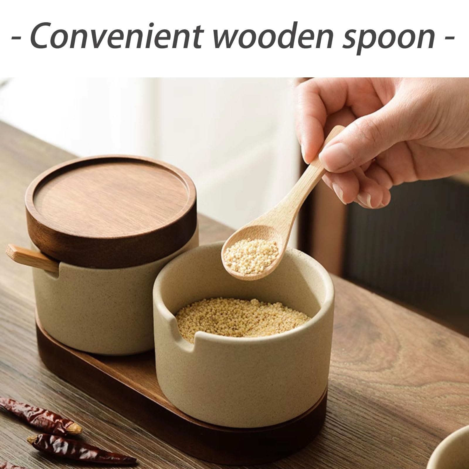 Dxcaicc Ceramic Condiment jar set,Kitchen Spice Storage holder with Lids/Spoon, Food Storage Container with Wooden Tray,Home, Kitchen