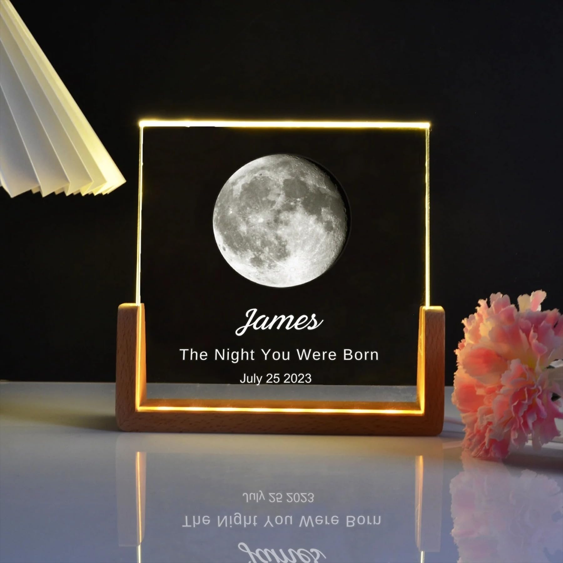 Zymech Warm Light Personalized Moon Phase Crystal Lamp, Custom Moon Crystal Nightlight, The Night We Met, The Day You Were Born, Gift For Dad (,20.3 * 15.2Cm)