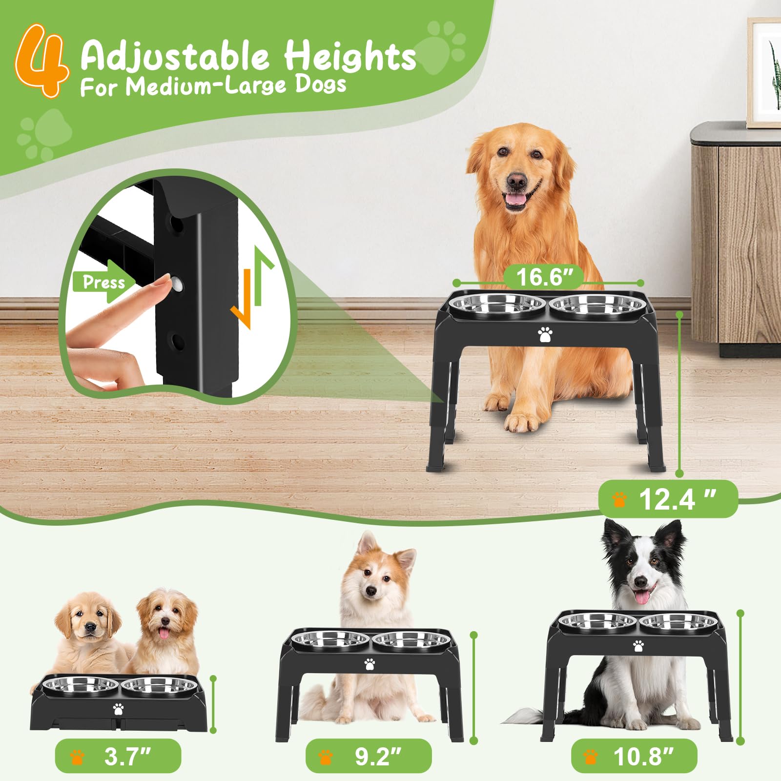 AIRMX Cuencos elevados para perros de altura ajustable con 2 cuencos de acero inoxidable para comida para perros, comedero plegable antideslizante para perros medianos y grandes, se ajusta a 12.4