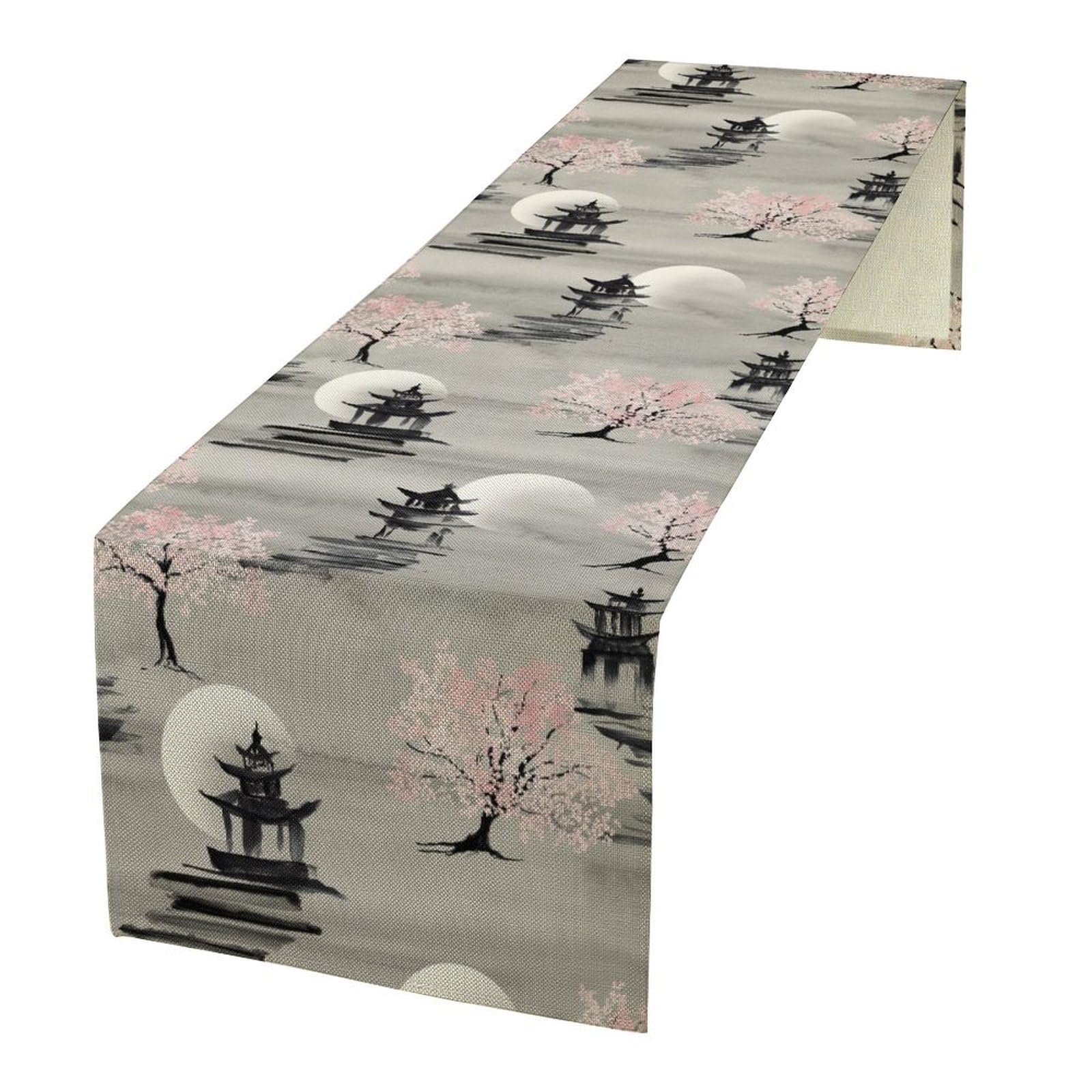 JanJCurt Cherry Blossom Table Runner, Oriental Asian Retro Pink Flowers Trees Full Moon Scenery Table Runner for Kitchen Dining Table Wedding Party Decor, 13x36inch — image 1