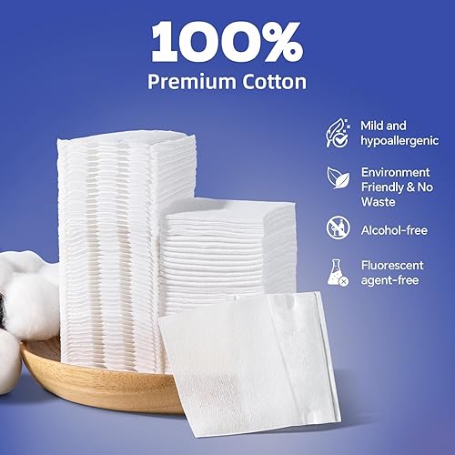 Miniatura 4 de Almohadillas cuadradas de algodón para la cara (475 unidades)  100% algodón puro, almohadillas desmaquillantes suaves sin pelusa para uso facial y