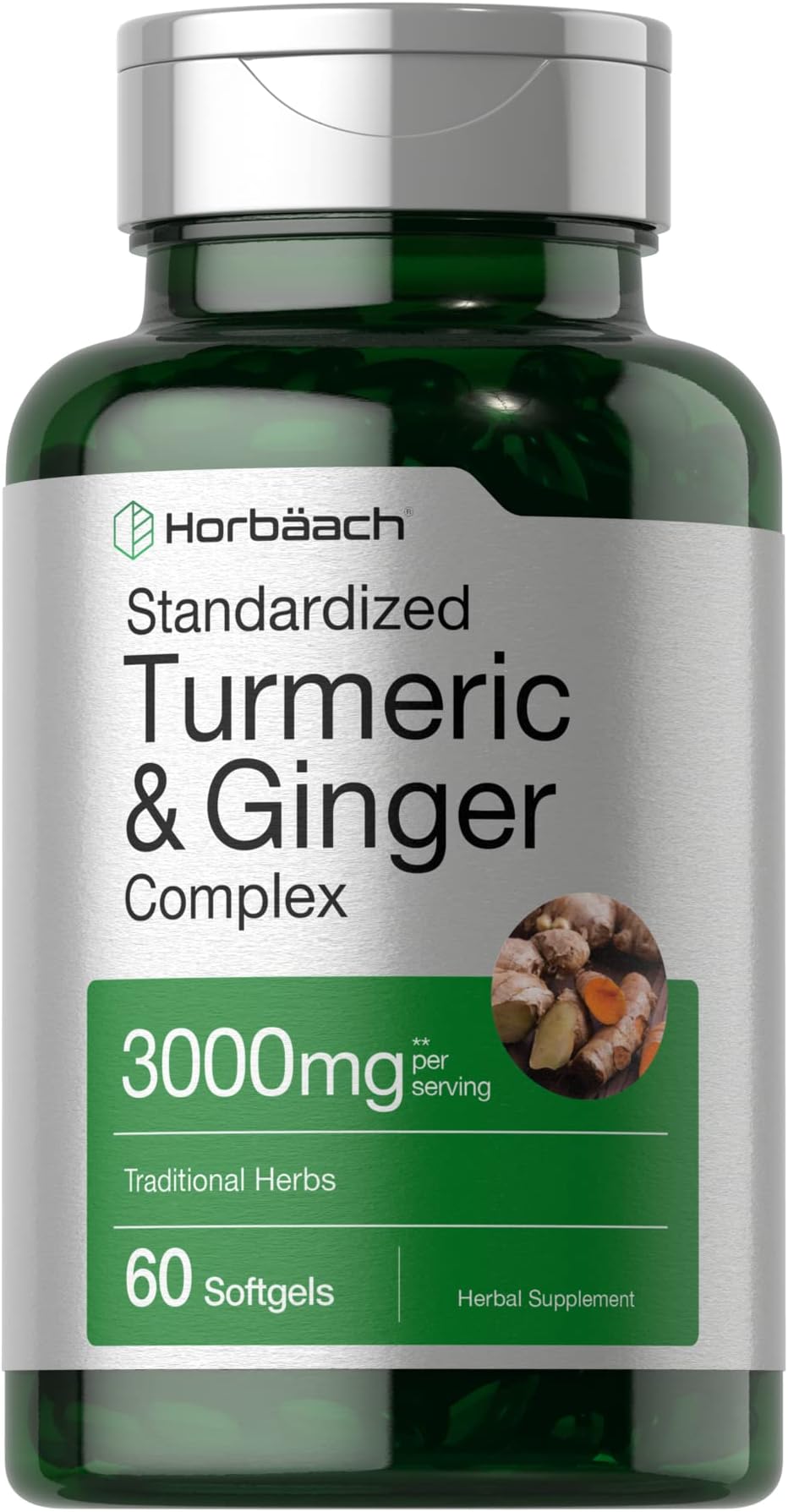 Horbäach Turmeric and Ginger Supplement | 60 Softgel Capsules | Turmeric Curcumin Complex with Black Pepper Extract | Non-GMO, Gluten Free