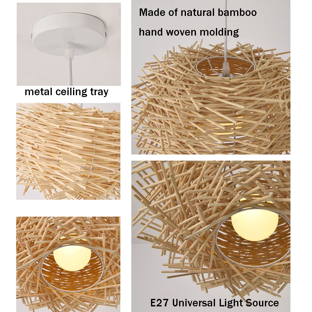 Lampada a Sospensione in Stile Cinese con Paralume Intrecciato a Nido d'uccello, Lanterna in Vimini Naturale, Finiture in Metallo Beige, Lampada a Sospensione Intrecciata a Mano per Isola Cucina
