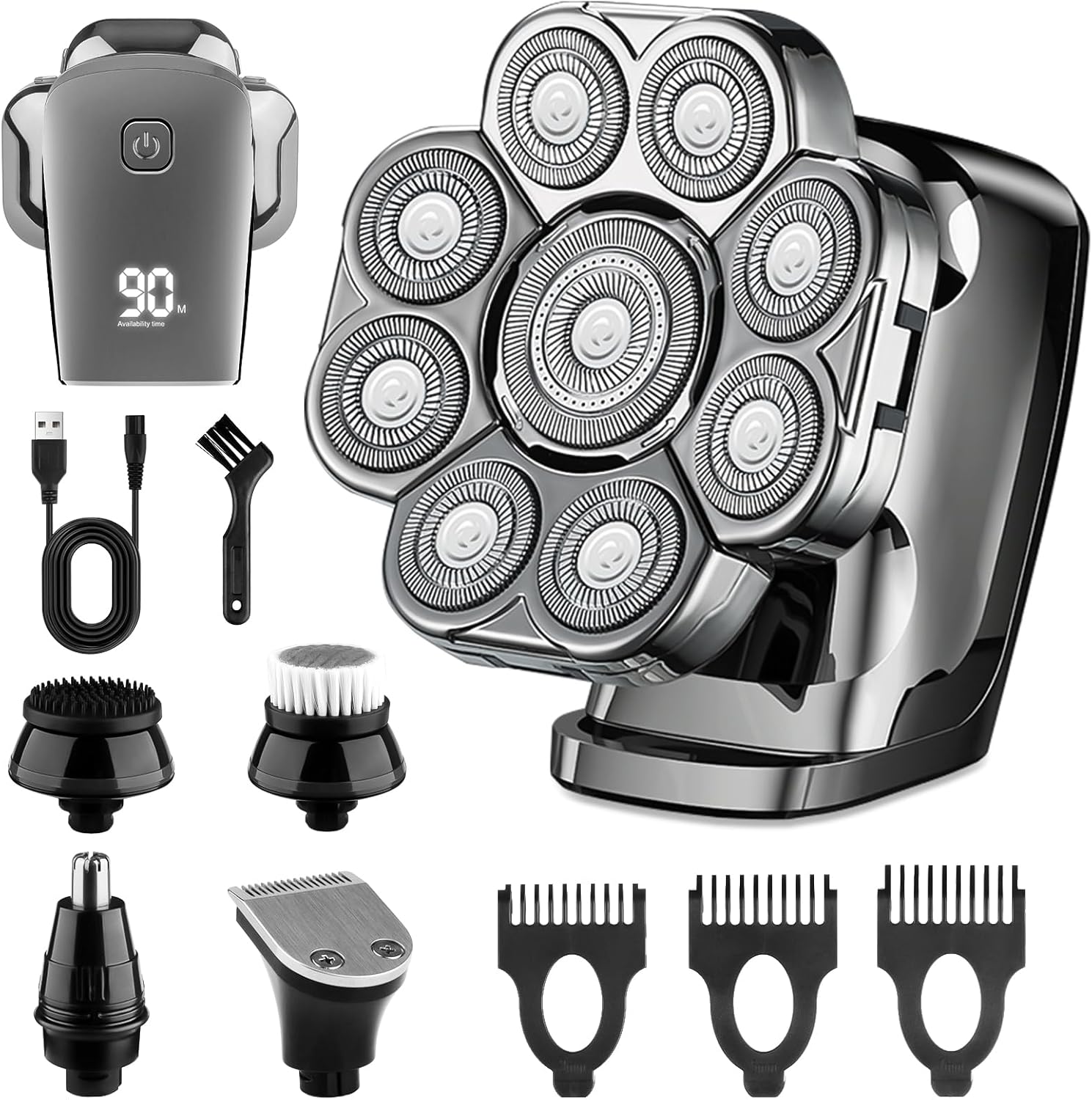 9D Electric Head Shaver for Bald Men, LED Display, Waterproof Wet & Dry, 5 in 1 Bald Head Shavers for Men with Nose Hair Trimmer & Detachable Heads