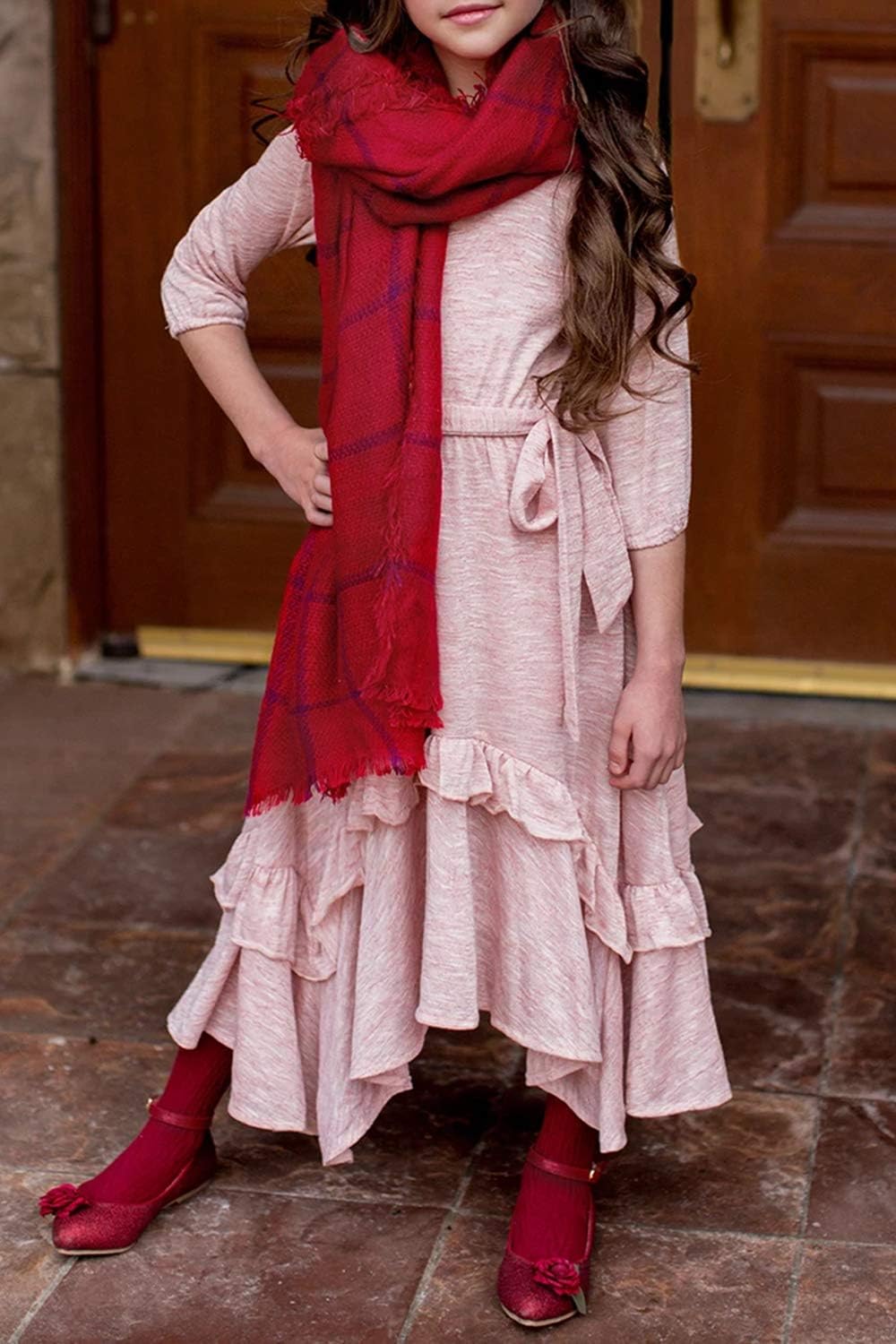 MITILLY Girls Loose Plain 3/4 Sleeve Casual Pocket Ruffle Swing Long Maxi Dress with Belt - Image 6