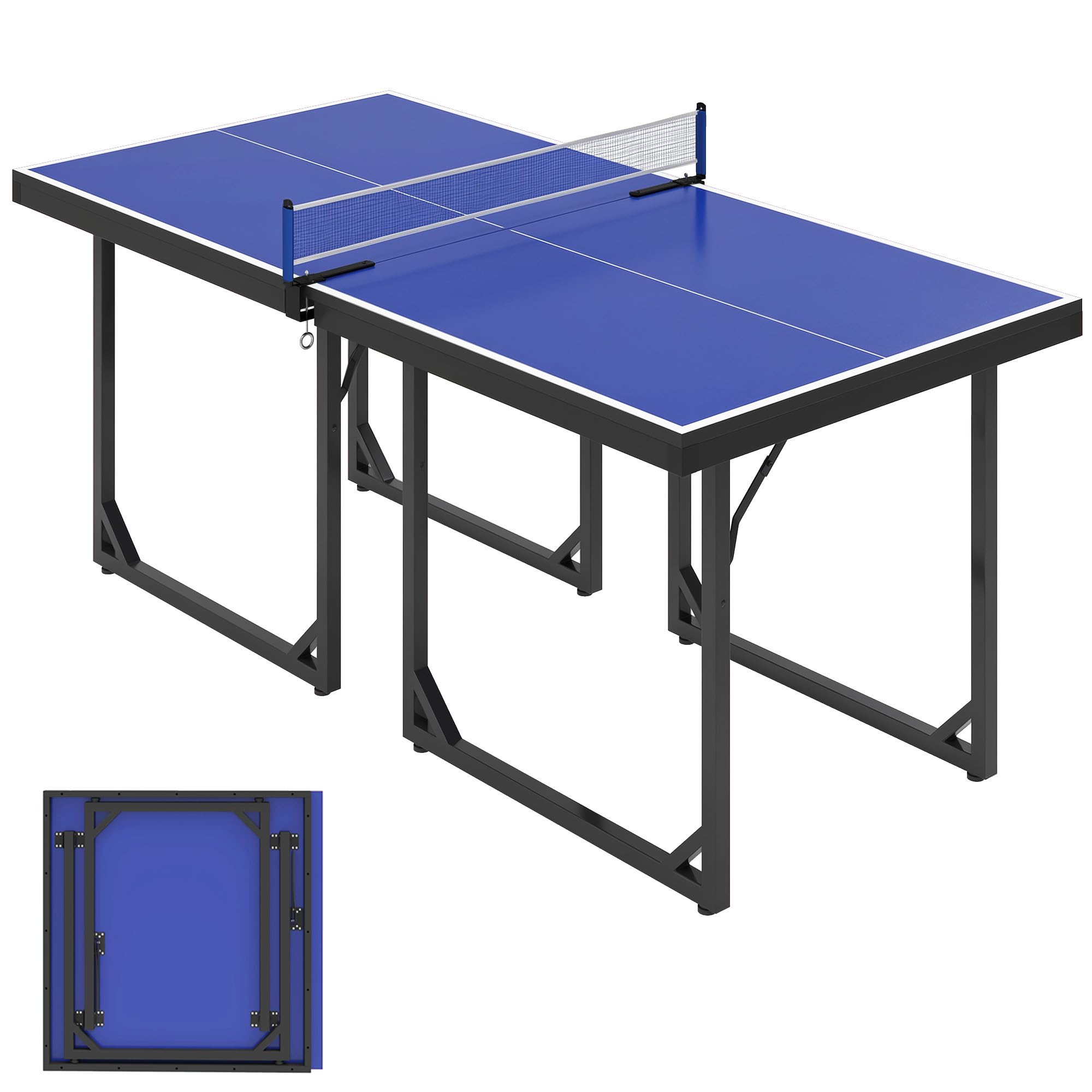 HOMCOM Tavolo da ping pong pieghevole, 182 x 91 cm, facile da trasportare, resistente alle intemperie, stabile, tavolo da tennis con rete e telaio in acciaio, per interni ed esterni, blu