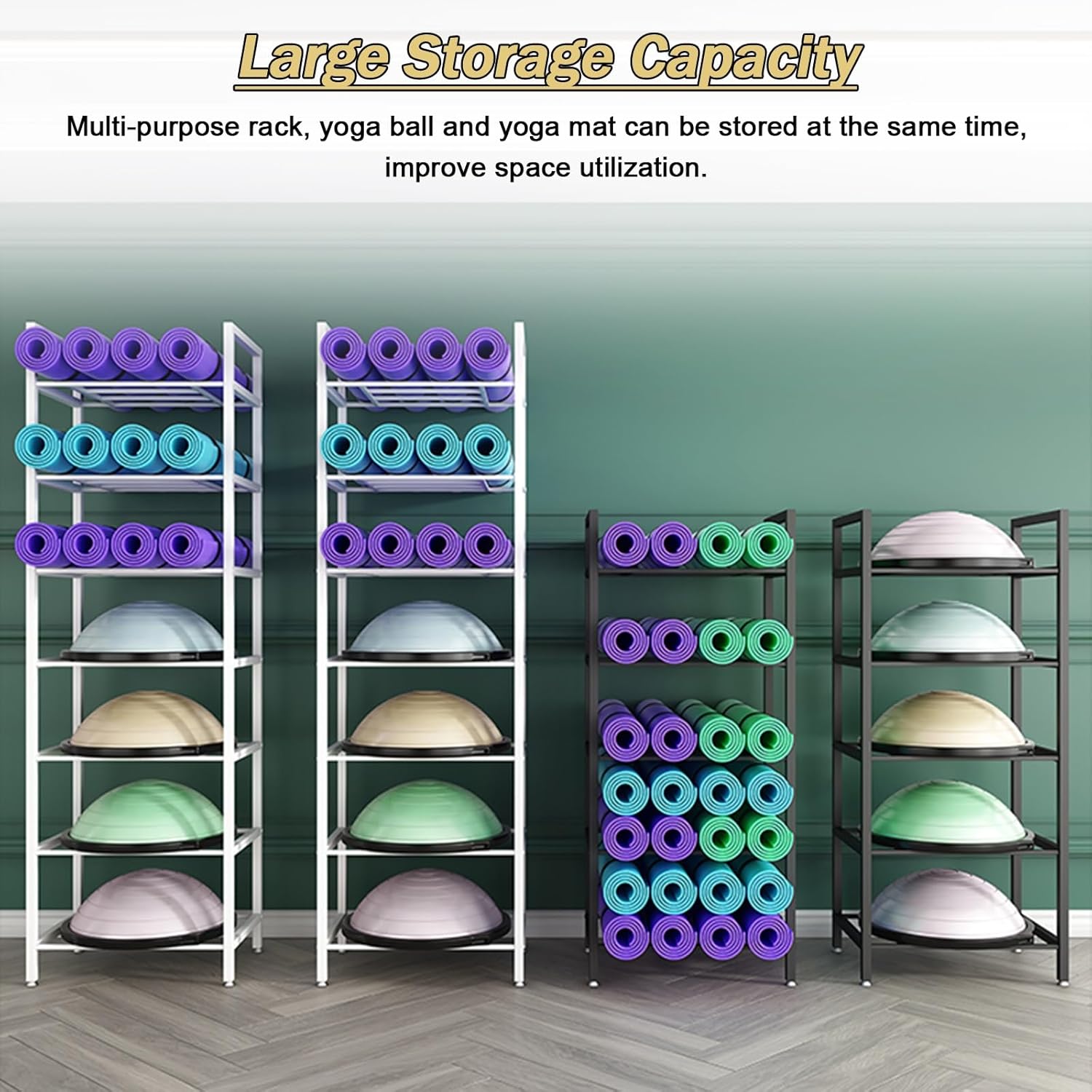 Commercial Wave Speed Ball Storage Rack, 7 Tier Workout Equipment Home Gym Organizer Holder for Yoga Mat/Foam Roller/Half Balance Ball, with Adjustable Foot Pad,Gold-7 Tier/65x44x210cm