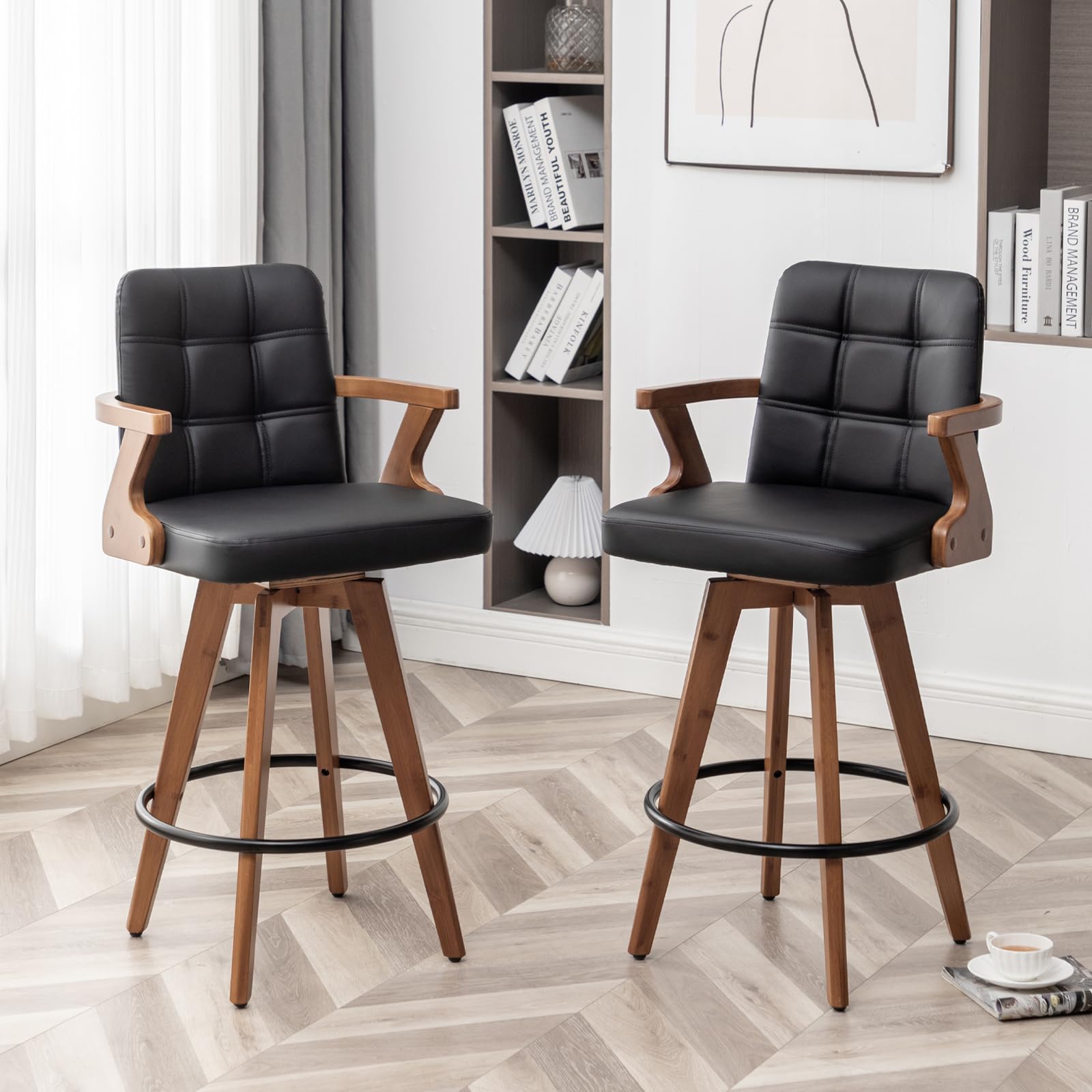MEKLIBA Black Bar Stools Set of 2, Kitchen Bar Stools 30” H,Modern Leather Bar Height Chairs with Back,Kitchen Island Chairs,Swivel Stools for Kitchen Island