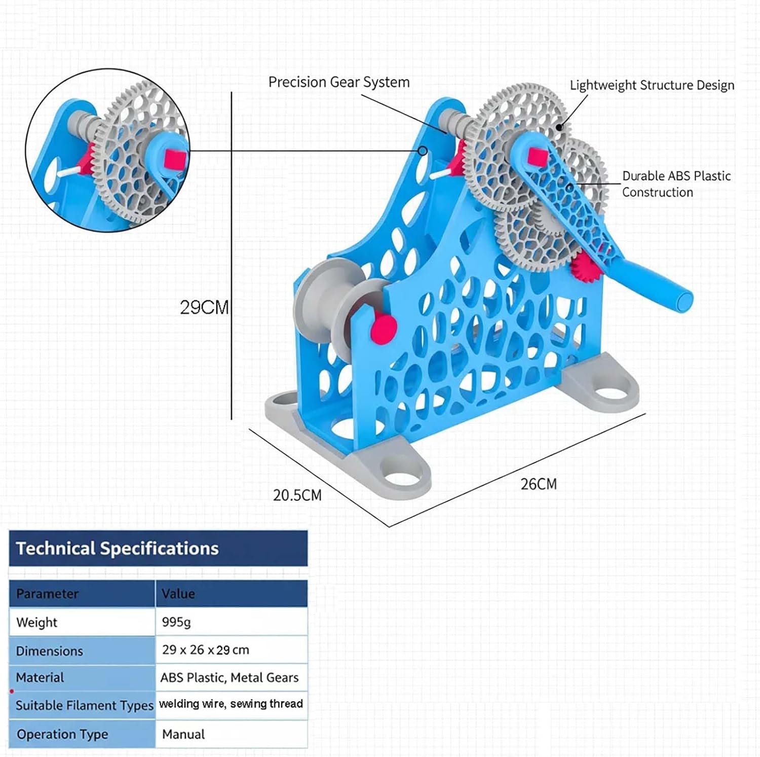 3D Printer Filament Retractor Hand-cranked Consumables Winder with Uniform Wire Routing Removable Modular Design for 3D Printing Enthusiasts (Blue)