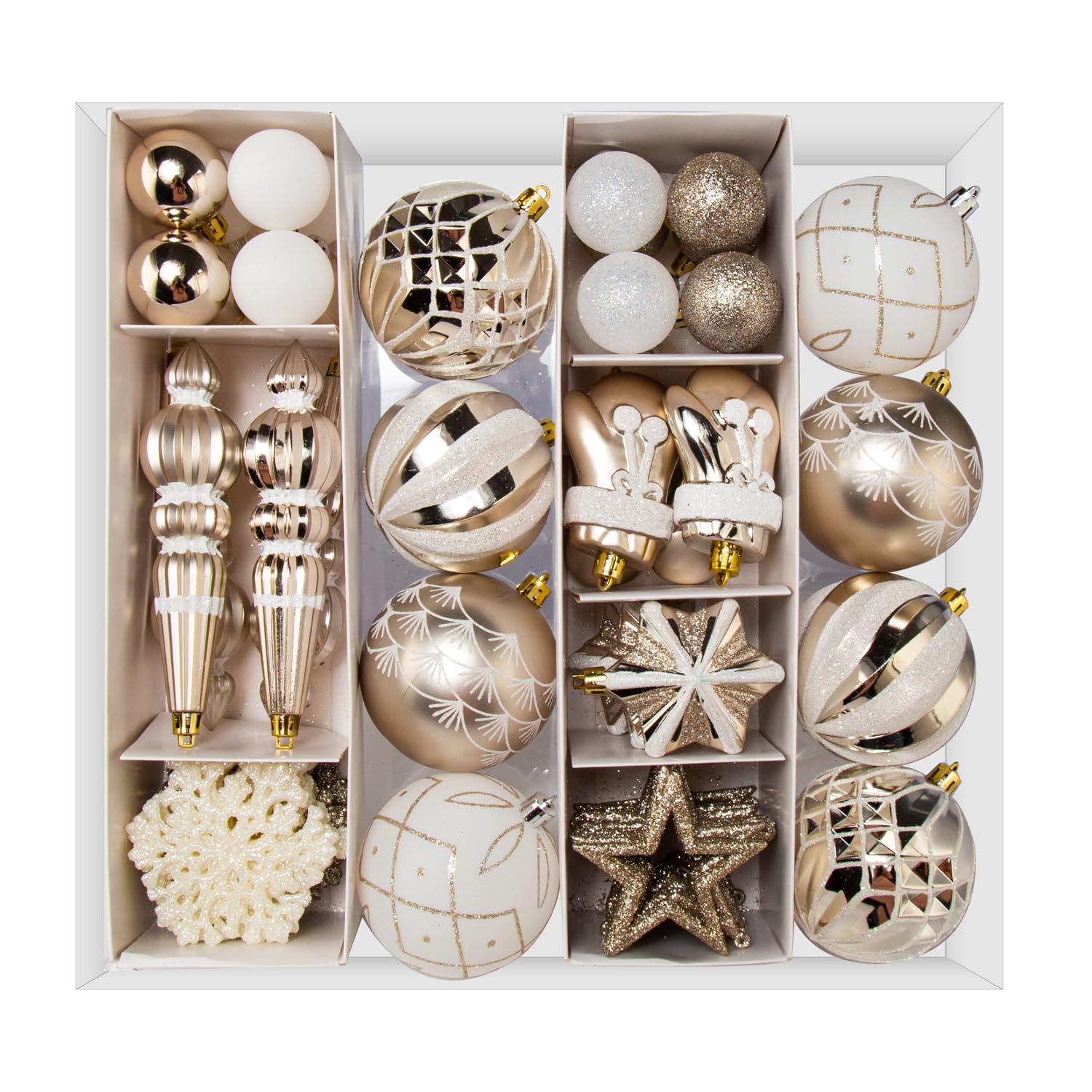 SVNVIOZ 70 Stück Weihnachtskugeln Set Champagner Weiß, Christbaumkugeln Kunststoff Deko Weihnachten, Weihnachtsbaumschmuck mit Aufhänger, Weihnachtsbaumkugeln für Weihnachtsdeko Innen Aussen