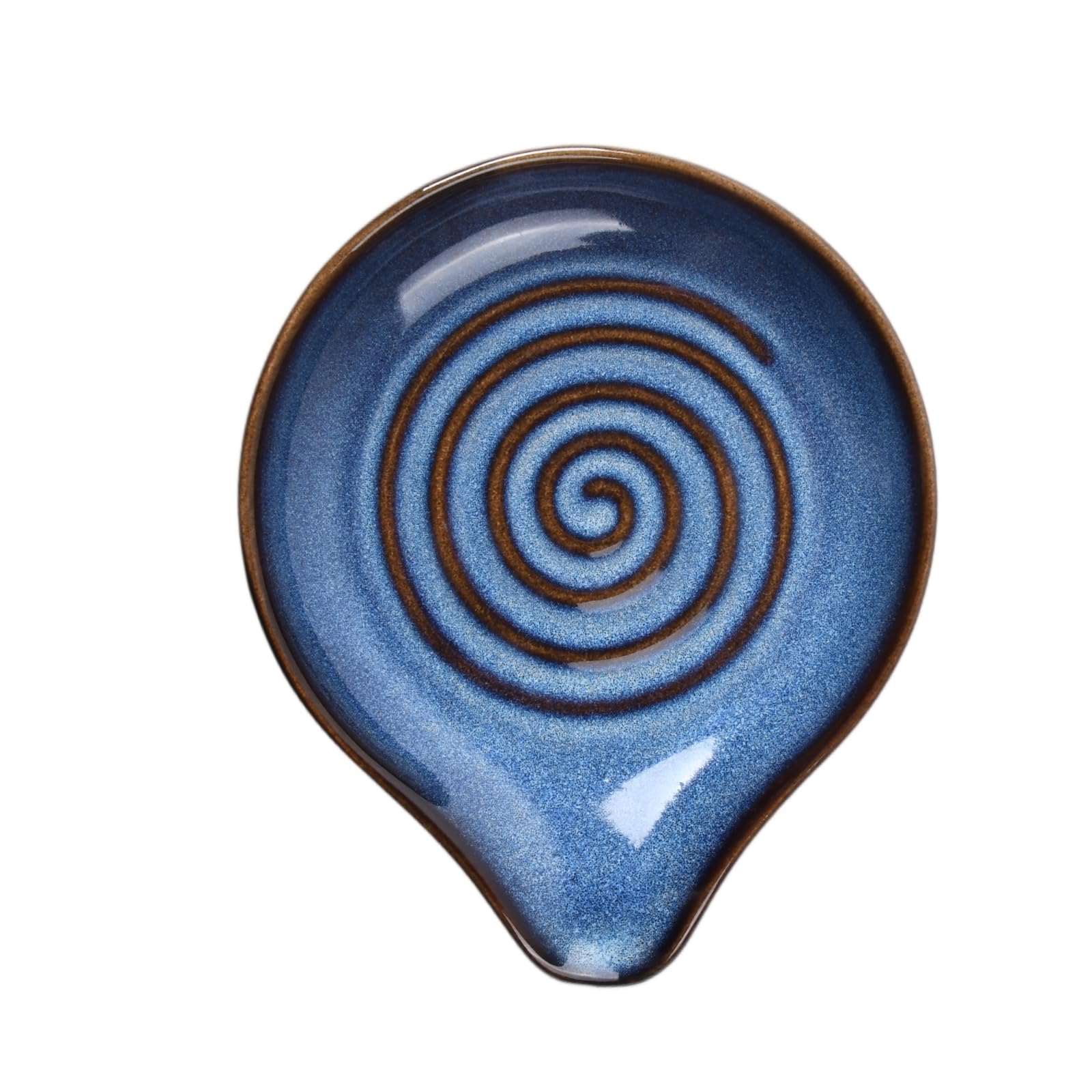 Handcrafted Ceramic Spoon Rest with Elegant Spiral Design - 15.8cm Large Stoneware Utensil Holder for Kitchen Countertop and Stove Top - Heat Resistant, Dishwasher Safe (Rustic Blue & Brown)