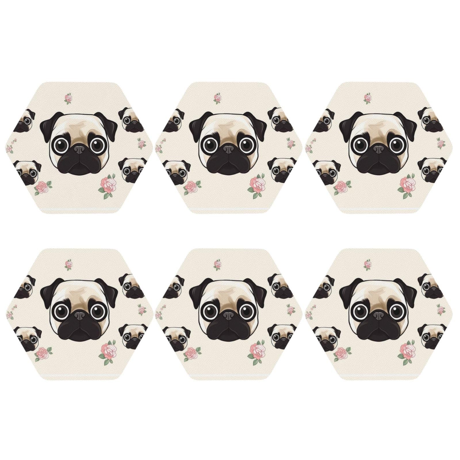 6pcs Leather Coasters for Drinks, Line Pug Drink Coasters for Tabletop Protection, 4" Cup Coasters for Coffee Table Decor, Non-Slip Drinking Cup Mat for Hot Or Cold Drink