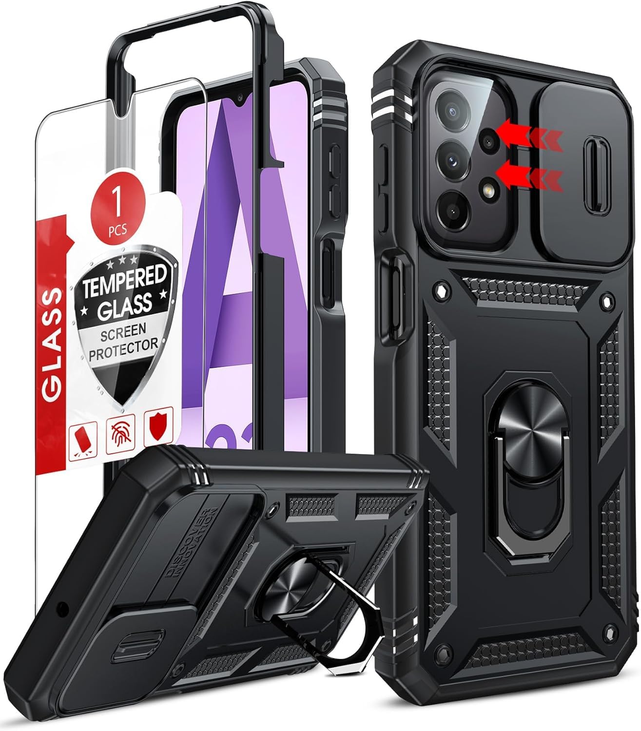 LeYi Cover per Samsung A23 5G/4G: con Vetro Temperato [2 Pack](Nero) | Custodia Samsung Galaxy A 23 con Protezione Fotocamera [Slidable] Antiurto Grado Militare Anello Supporto TPU Bumper Custodie