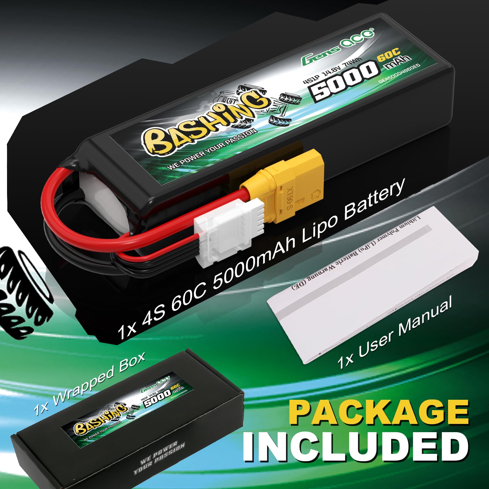 Gens ace 4S LiPo 5000mAh 14,8V 60C Batería con Conector XT90 para Helicópteros RC, Coches RC, Camiones, Barcos y vehículos RC a Escala 1/8 y 1/10
