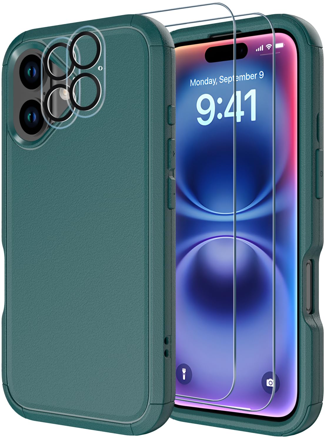 Diverbox for iPhone 16 Plus Case [Shockproof] [Dropproof] [Tempered Glass Screen Protector + Camera Protectors] Heavy Duty Protection Phone Case Cover for Apple iPhone 16 Plus (Dark Green)
