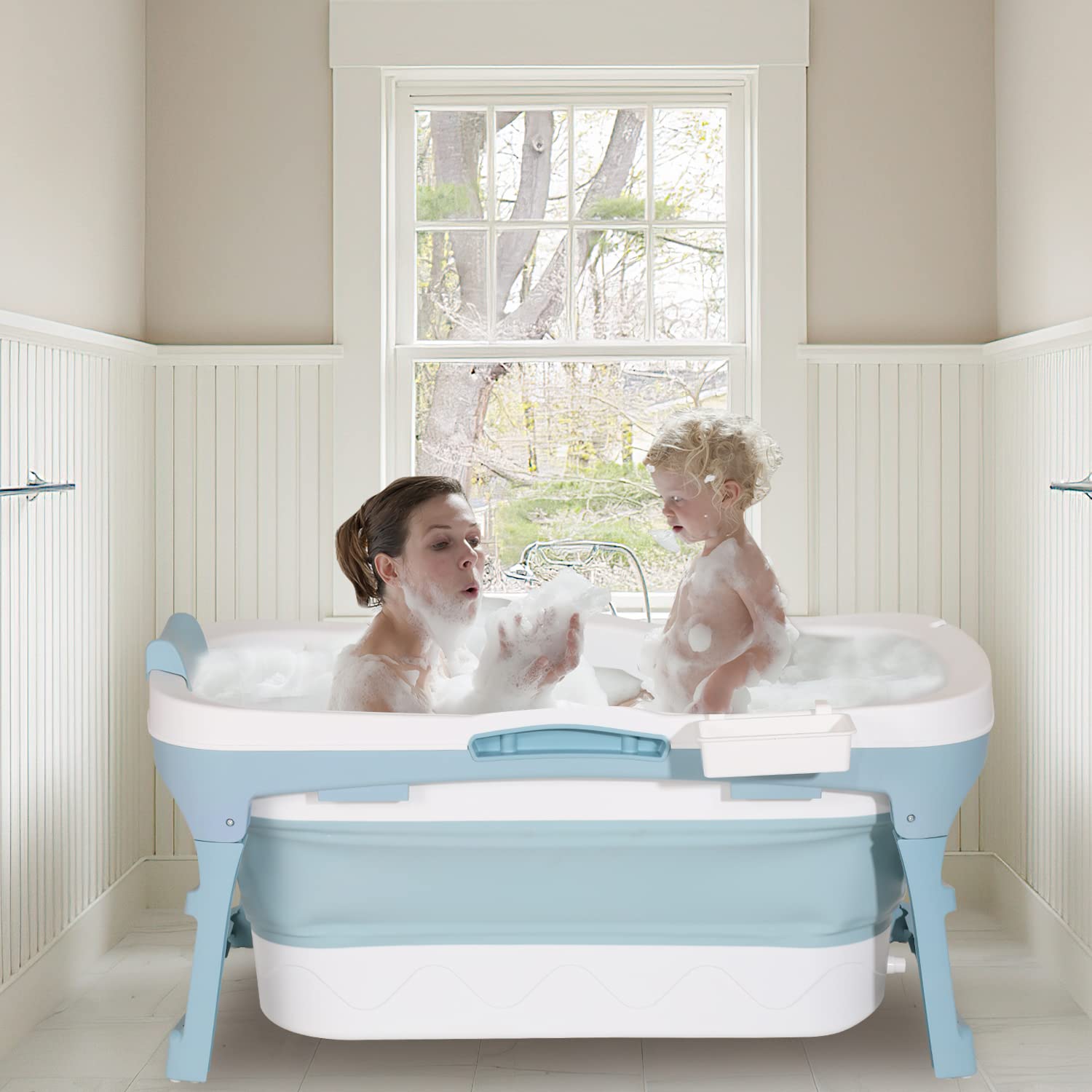 Bañera plegable para adultos, 118 x 60 x 50 cm, bañera móvil plegable portátil con cubierta y cesta de jabón, para baño y ducha - azul