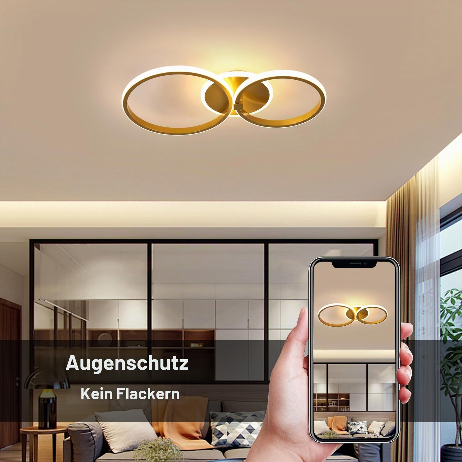 LED Deckenleuchte Gold Runden, 42W Schlafzimmer Deckenlampe Modern, Creative LED Lampe Deckenbeleuchtung für Wohnzimmer Schlafzimmer Küche, Warmweiß Licht 3000K
