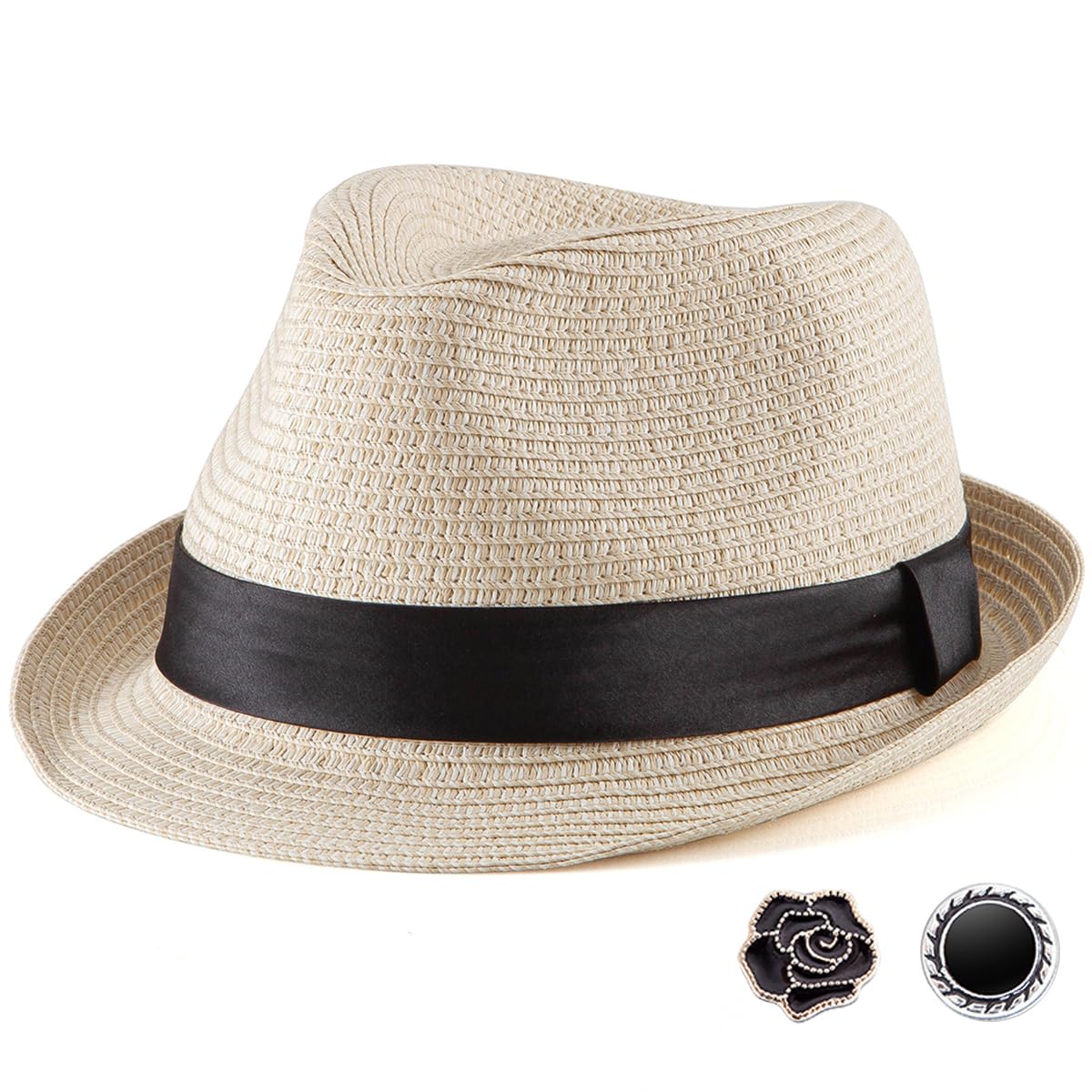 Stro Fedora Hoed Mens Fedora Hoeden voor Mannen Trilby Hoed Wollen Zonnehoed Panama Hoed 7 1/4, A001 Mix Beige, Maat: 7 1/4 (58cm), Past op 22 - 22 7/8, 7.25