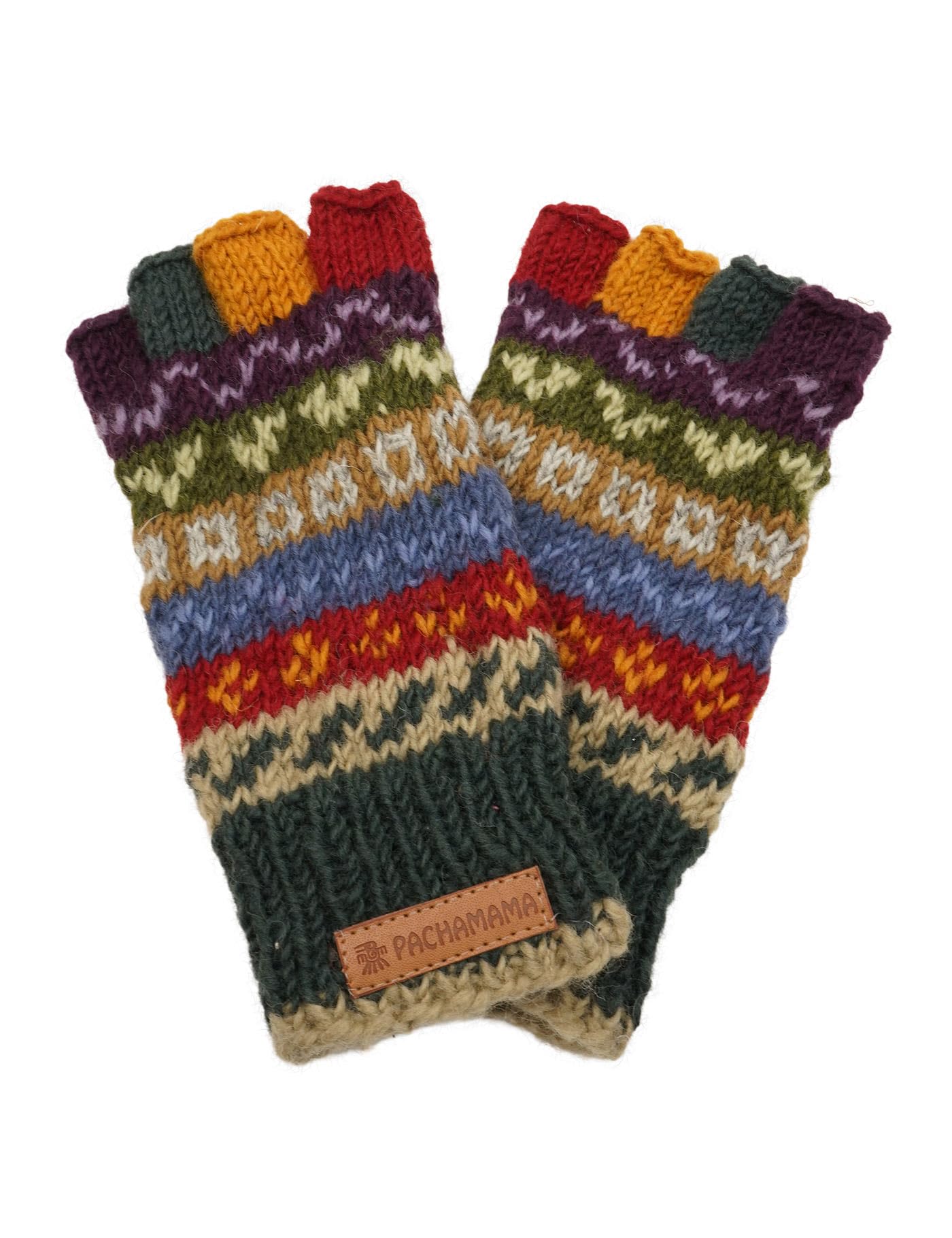 Pachamama Women 100% Wool Fingerless Gloves Handknitted Fairisle Green Multicoloured One Size Handmade Thermal Extra Warm Fair Trade