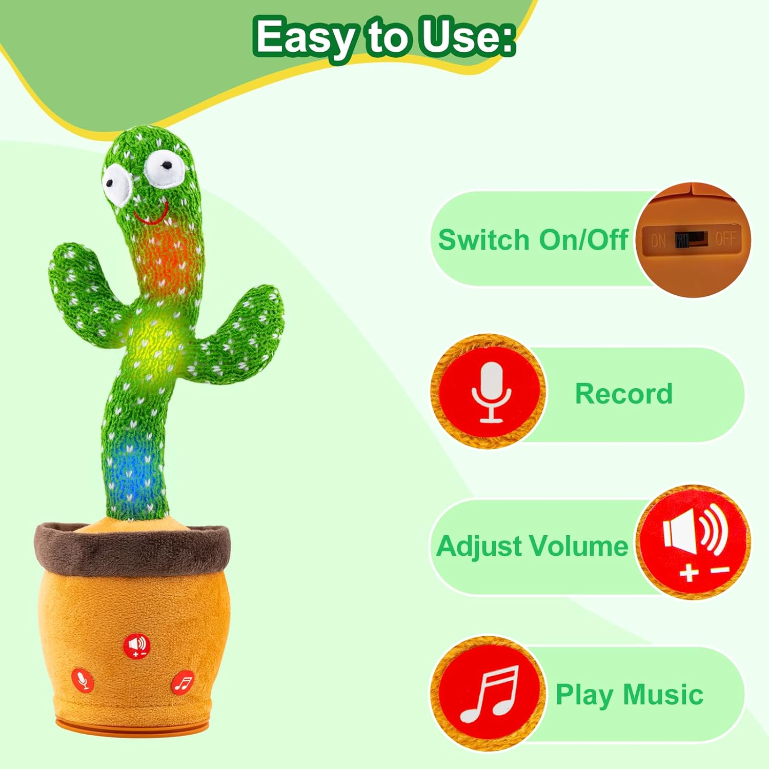 Ayeboovi Dancing Talking Cactus Baby Toys Interactive Toy Repeating Records What You Say Volume Adjustable Singing Cactus Toddler Games with 120 Songs Easter Basket Stuffers for Kids