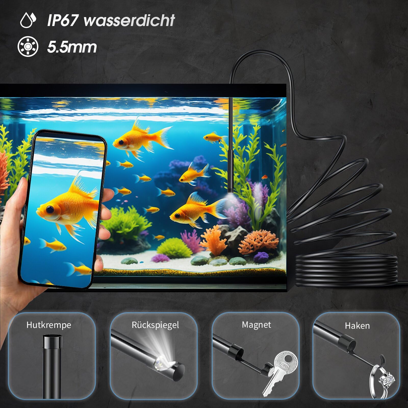 Kamera endoskopowa ze światłem, 5,5 mm, ultracienka, 1920p HD, endoskop z półsztywnym kablem o długości 5 m, wodoszczelna IP67, kamera kanalizacyjna do systemu Android, iPhone, iOS, Samsung