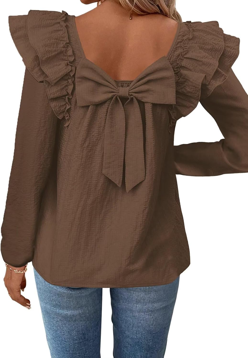 Falechay Womens Bow Tie Back Tops Square Neck Long Ruffle Sleeve T-Shirts Cute Babydoll Chiffon Texture Women Trendy Tunic