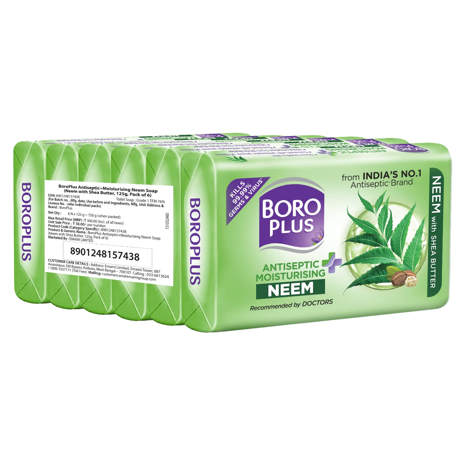 BoroPlus Antiseptic And Moisturising Bathing Neem Soap With Neem, Tea Tree, Aloe Vera & Shea Butter | 99.9% Germ And Virus Protection | For Smooth, Soft, Moisturised & Nourished Skin, 125G (Pack Of 6)