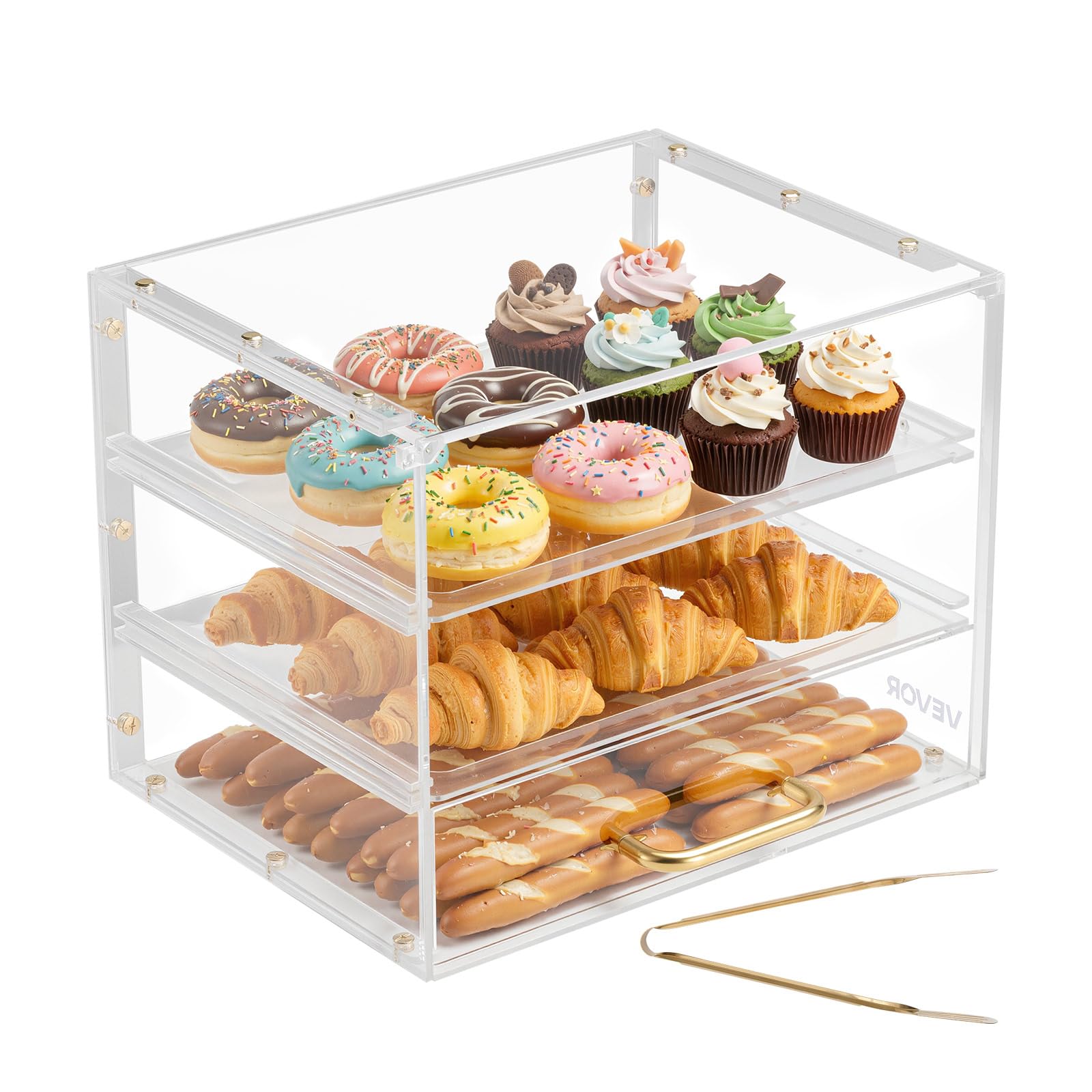 VEVOR Vetrina per Pasticceria 3 Ripiani da Banco, Espositore per Panetteria in Acrilico Trasparente con Anta a Ribalta, Vetrina Portapane in Acrilico per Torte Biscotti Dolci 330 x 260 x 260 mm