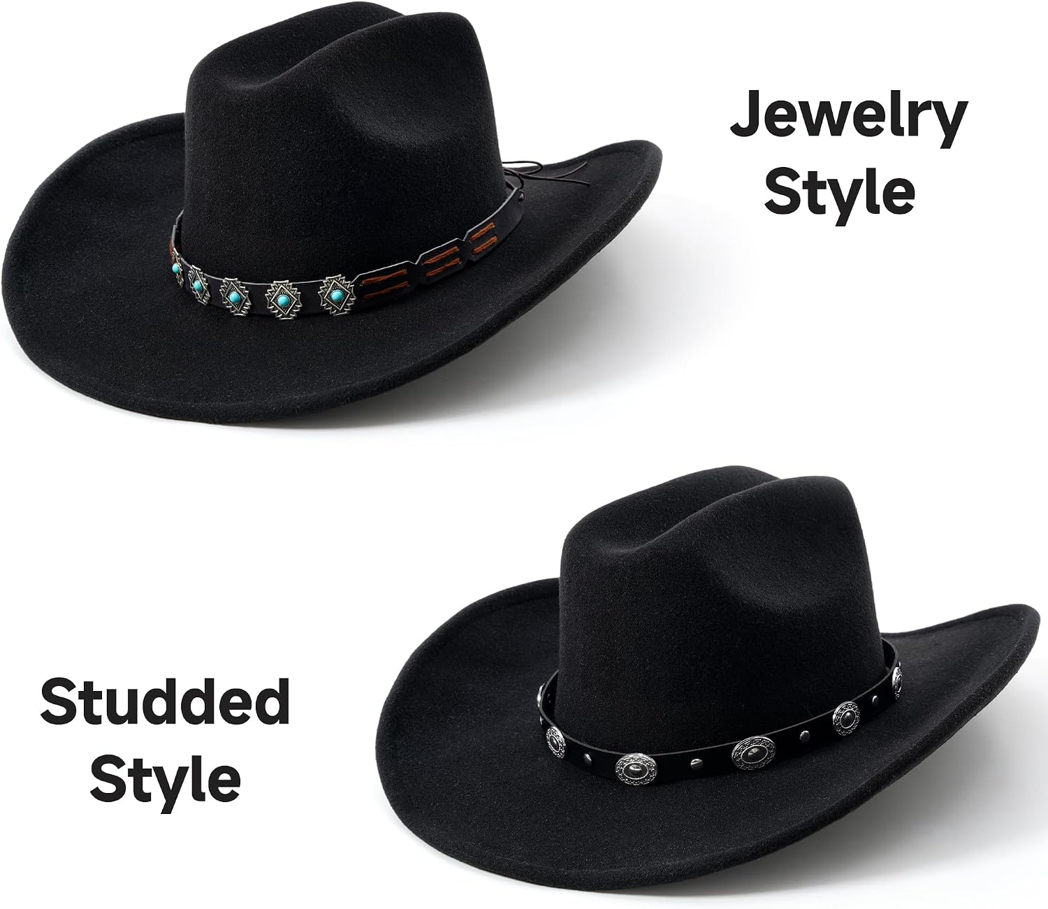 Western Cowboy Hat for Women, Shapable Wide Brim Felt Cowgirl Hat with 2 Bands for Party Festival image 4