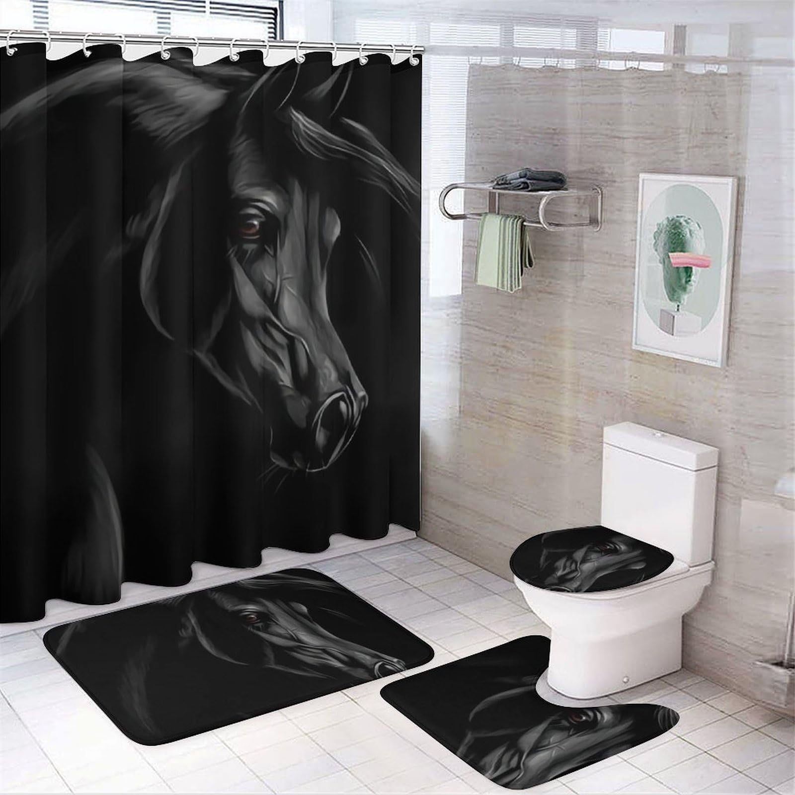 CGSBNGHA Black Arabian Horse Shower Curtain Set 4 Piece Bathroom Sets with Rugs Toilet Lid Cover And U-Shaped Floor Mat