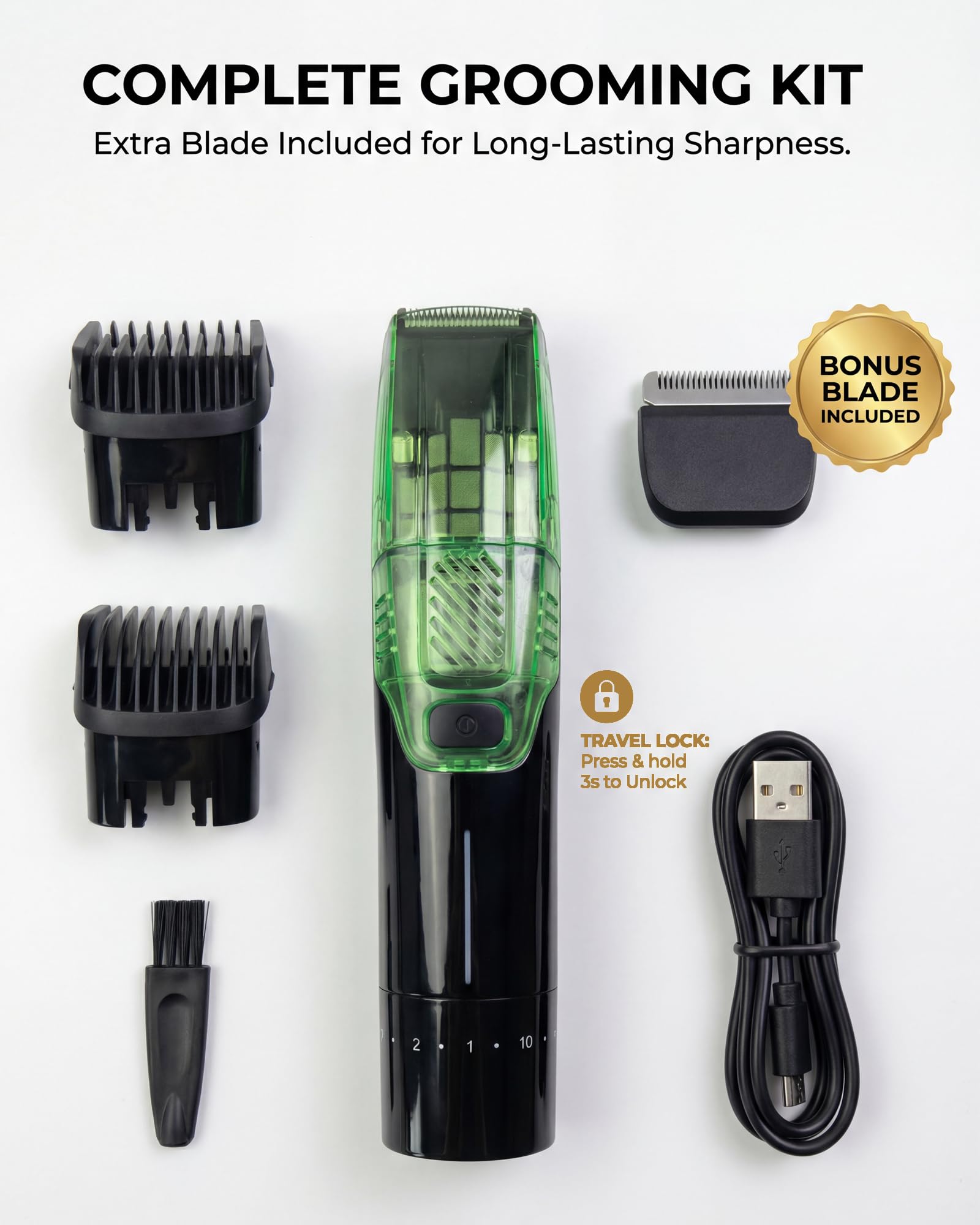 Tondeuse à barbe pour homme – 2 vitesses d'aspiration et puissance réglables, IPX6 étanche humide/sec, sans fil, 40 réglages de longueur (0,5 à 20 mm), charge rapide USB-C, bac magnétique facile à