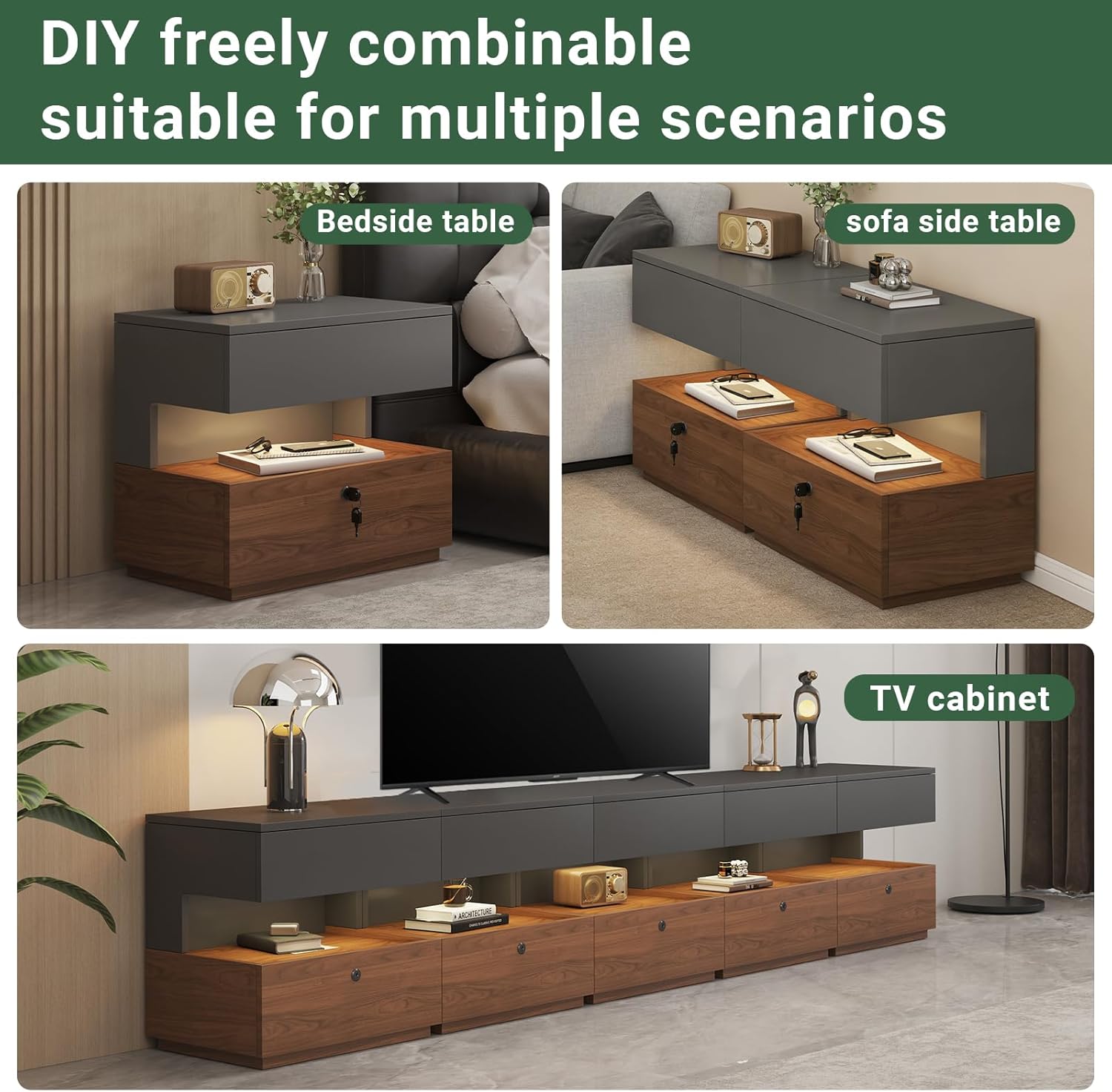 21.65" Floating Nightstand Set of 4 with Motion-Activated LED Light & Lockable Drawer, 86.6'' Mid Century Modern Grey & Walnut TV Stand Entertainment Center with Open Storage Shelf & 2-Tier Drawer