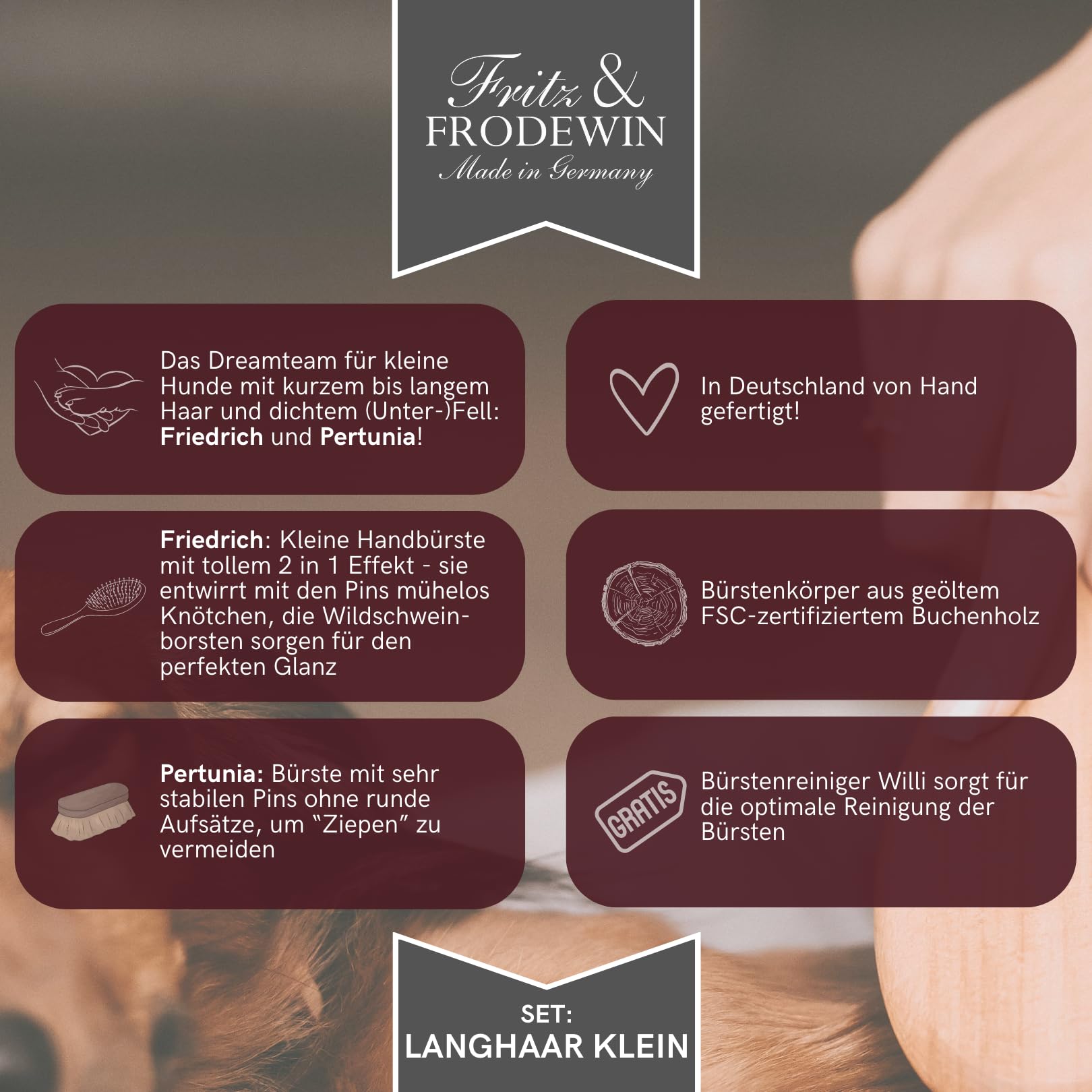 Fritz & Frodewin Hundebürsten-Set "Langhaar klein" | Premium Hundehaarbürsten | Fellbürsten | Für die tägliche Pflege | FSC zertifiziertes Holz | Gratis Bürstenreiniger | 100% Made in Germany