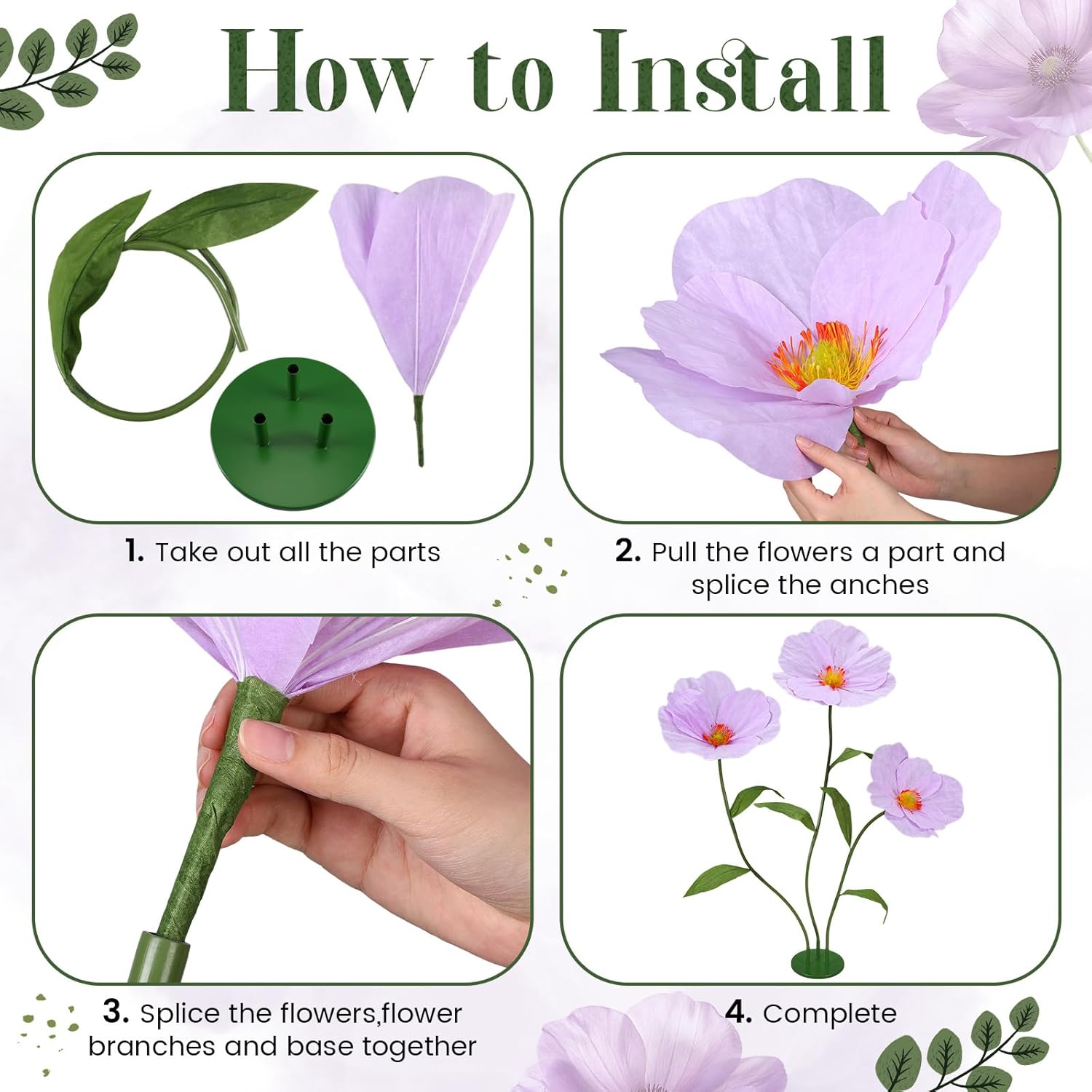 6ft Purple Giant Flowers for Decoration with Stand, Large Artificial Silk Poppy, Handcrafted Large Flower for Garden Wedding Party Photography Props Hotel Office Art Gallery Window Display